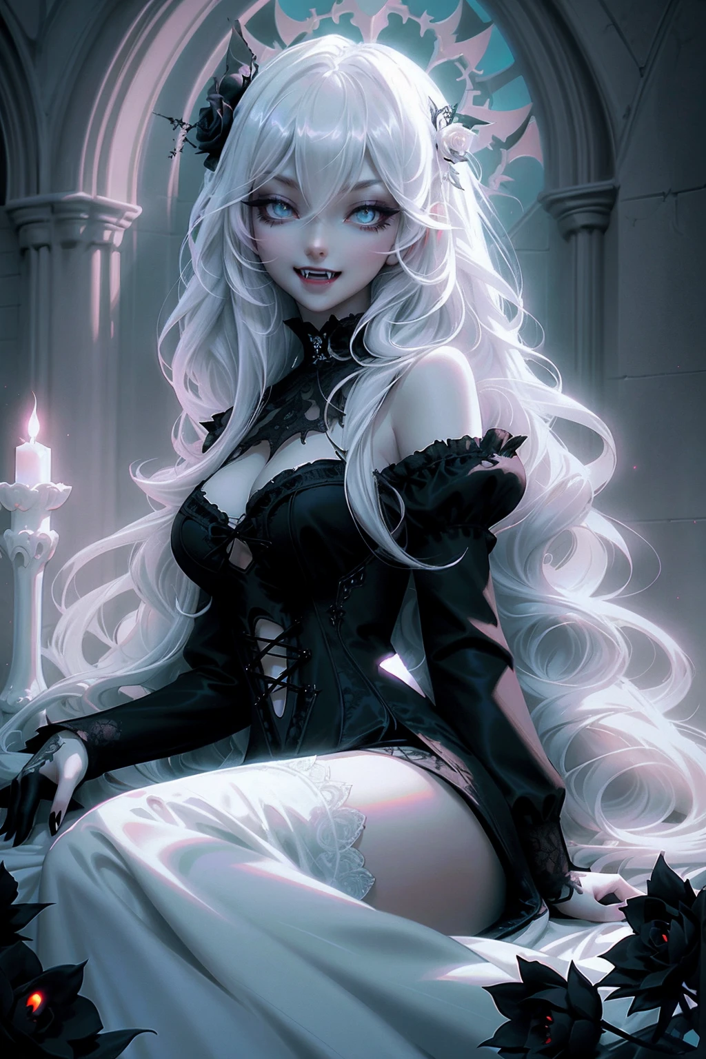 (masterpiece),(ultra detailed),best quality,(beautiful skinny 13years old-girl),delicate black gothic-lace dress,&eyes&ornaments&head-wear,long silver wavy hair,shining cold eyes&skin,(small bresats),(Abdomen),bangs down,