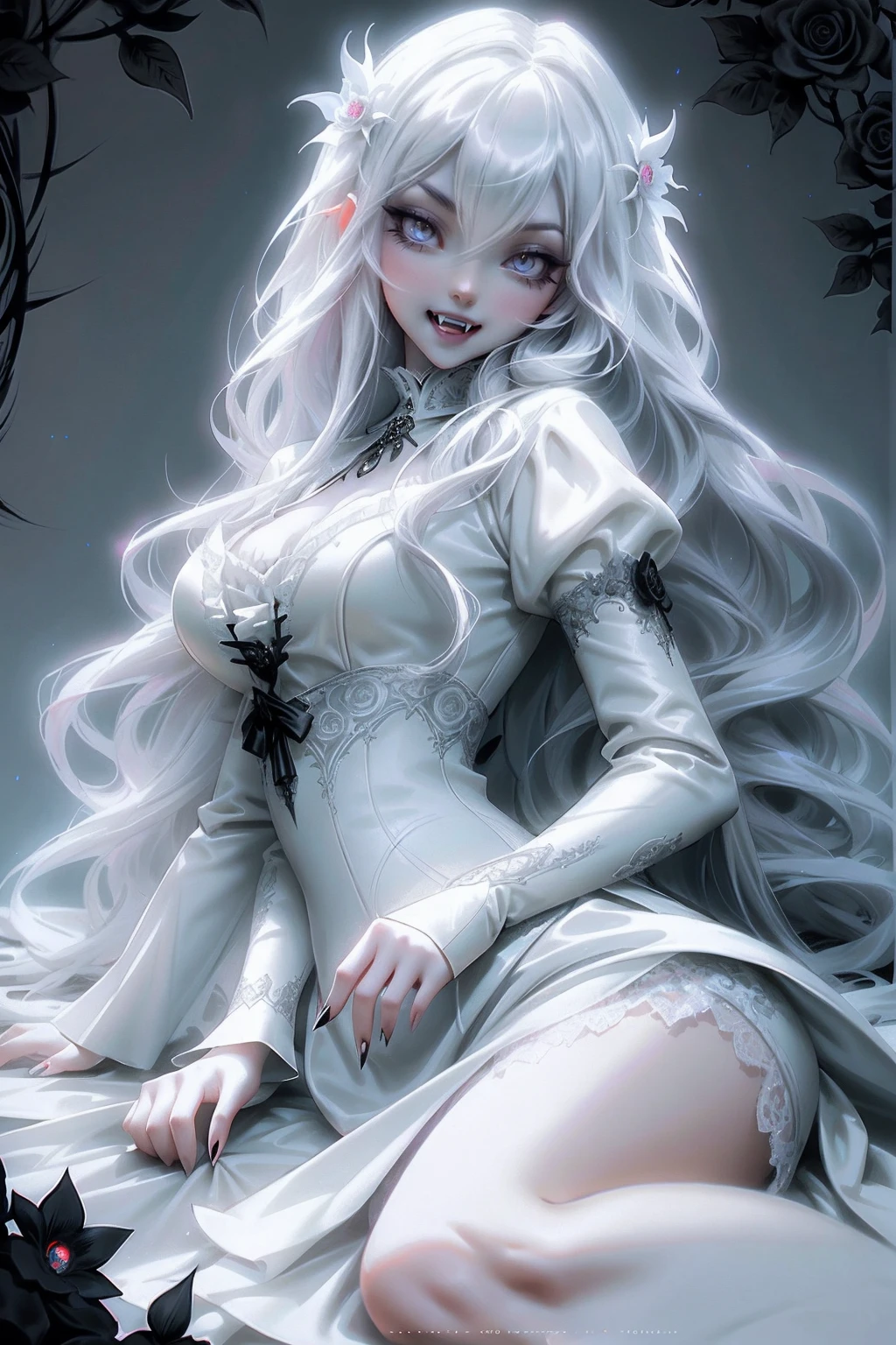 In the forest, autumn forest, beautiful forest, moonlight, night moon, very long hair, big fox ears, white fox ears, white hair, bright blue eyes, stunning eyes, rich eye color, clear facial contours, cute face, seduced smile, big fox tail, white fox tail, neck jewelry, blue wedding dress, neckline, lovely hips, black stockings, translucent stockings, shoes, heels, transparent gloves, elbow gloves, sweat, looks at the viewer, focus on the girl, high detail, glitter, detailed background