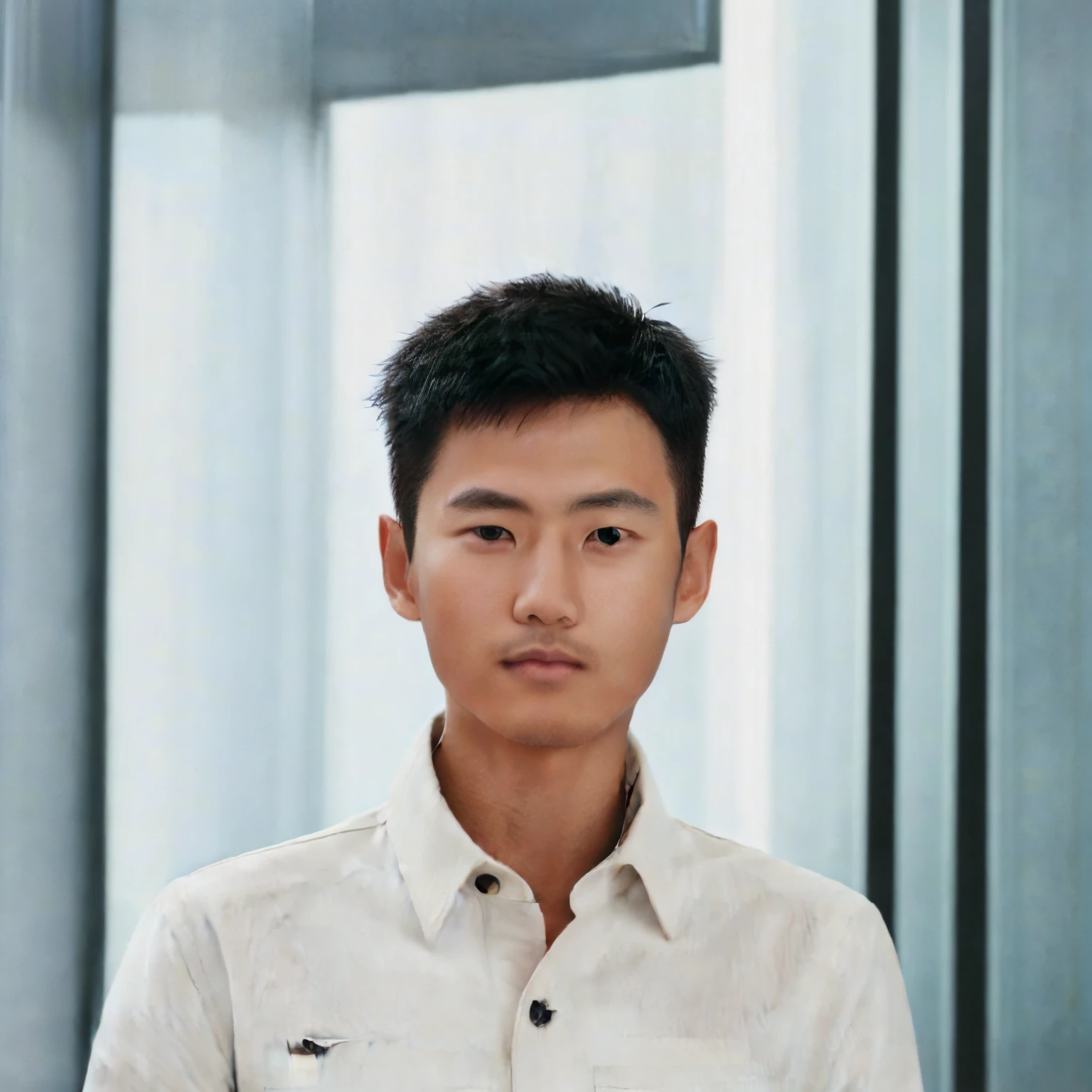 Need an Asian male,185cm,90 kg,Pictures of short hair styles suitable for round faces,Very short, Very short hair,about 2 cm。light beard,in a white shirt、black long pants+leather shoes,sit on a bed。