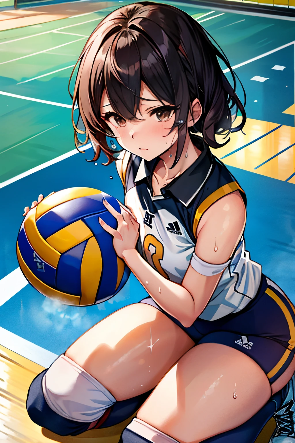 Unity 8k壁纸, Anatomically correct,  (((masutepiece))), (((Best Quality))), (((ultra-detailliert))), (((hight resolution))), ((superfine illustration)), ((Ultimate cutie)), ((Detailed beautiful face)), ((Perfect hands)), ((Perfect Finger)), (((Good anatomy))), Shiny hair, Short hair, medium breasts, (pot-bellied), (Curve), ((thick thighs)), (((Solo))), ((sad)), (tear rush)), ((female volleyball player)), BREAK, ((Hold a beautiful spherical 6-inch ball with both hands..)), Kneeling, 
BREAK, ((Buruma)), ((sleeveless collared volleyball uniform)), (knee pad), (elbow pad), Adidas, ((Sweat)), ((Covered in sweat)), (Breathless), on valleyball court, in gymnasium, (From  above), (Looking at Viewer), Full Shot,