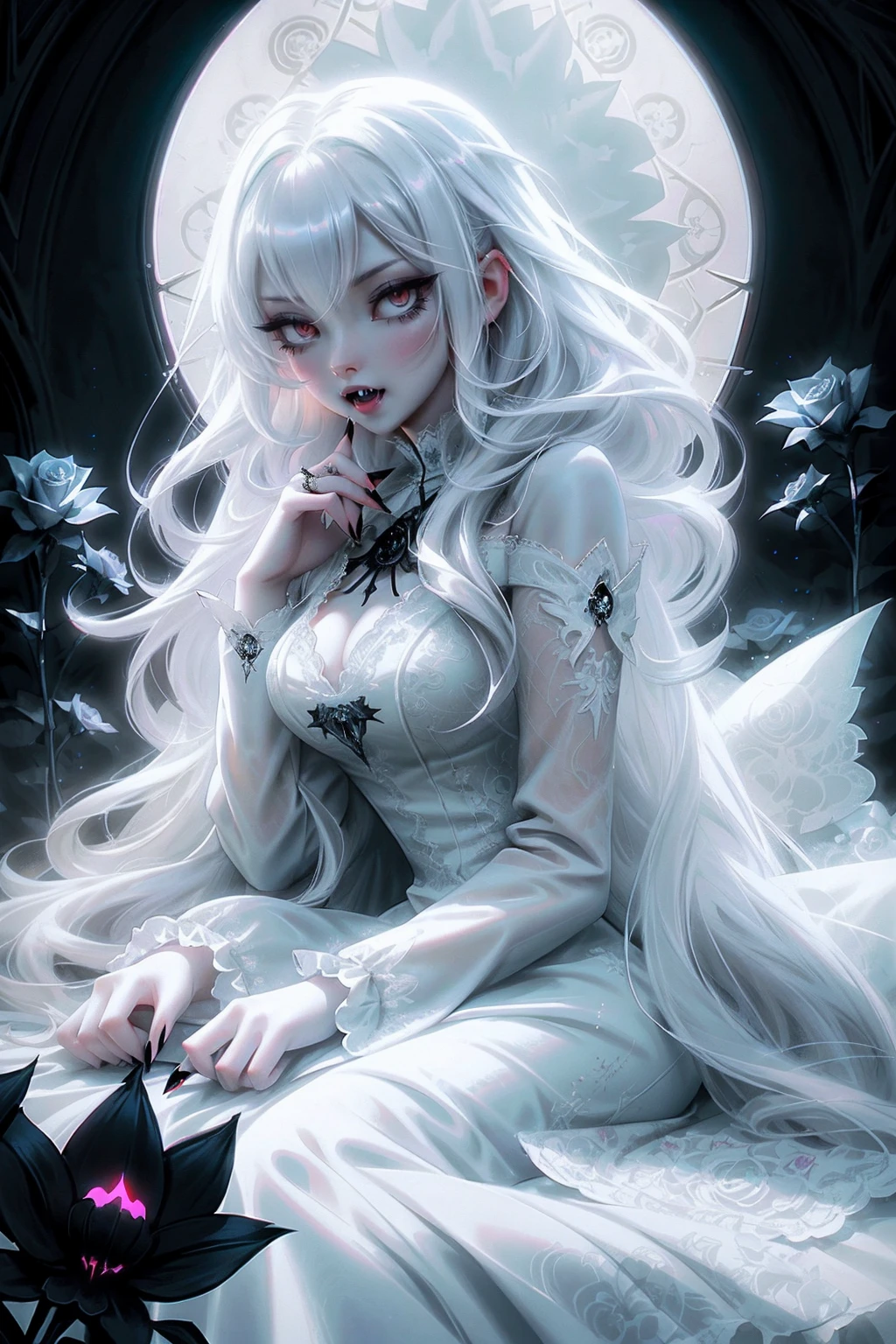 anime Vampire Princess, long white hair, gothic style, roses in hair, dark black eyelashes, iris with white glow, fangs, light blue dress, digital illustration, comic style, gothic revival, perfect anatomy, centered, approaching perfection, dynamic, highly detailed, gothic castle detailed background, blood, art station, concept art, soft and sharp focus, illustration, art by wlop and ross tran, glow, lying on the floor among the black flowers, with scary face.