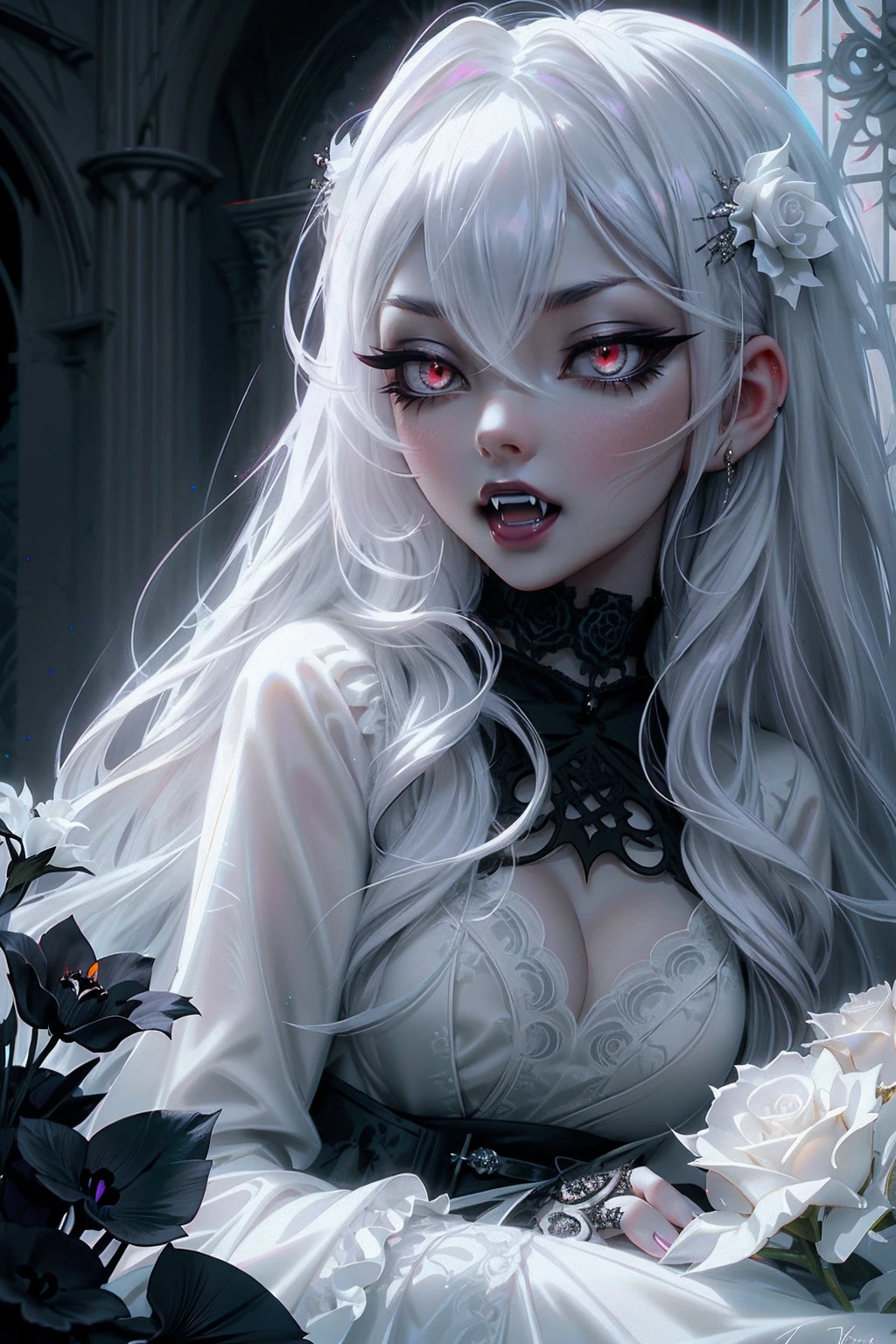 anime Vampire Princess, long white hair, gothic style, roses in hair, dark black eyelashes, iris with white glow, fangs, light blue dress, digital illustration, comic style, gothic revival, perfect anatomy, centered, approaching perfection, dynamic, highly detailed, gothic castle detailed background, blood, art station, concept art, soft and sharp focus, illustration, art by wlop and ross tran, glow, lying on the floor among the black flowers, with scary face.
