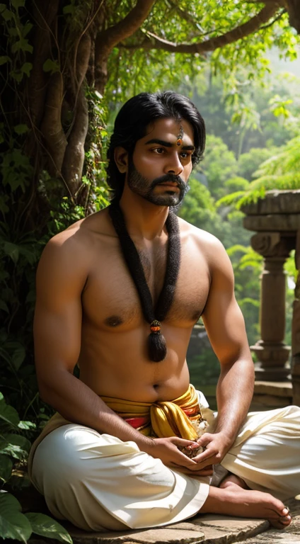 A contemplative Indian man sitting in a meditative pose, wearing a vibrant dhoti, surrounded by ancient temple ruins covered in lush greenery, the dappled sunlight creating a peaceful ambiance, capturing the spiritual connection between the man, his attire, and the sacred environment, closeup shot, Illustration, digitally rendered to convey a harmonious blend of tradition and nature.