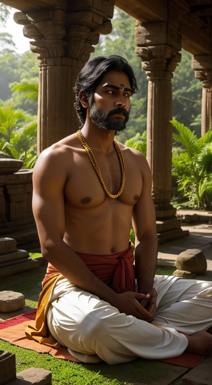 A contemplative Indian man sitting in a meditative pose, wearing a vibrant dhoti, surrounded by ancient temple ruins covered in lush greenery, the dappled sunlight creating a peaceful ambiance, capturing the spiritual connection between the man, his attire, and the sacred environment, closeup shot, Illustration, digitally rendered to convey a harmonious blend of tradition and nature.