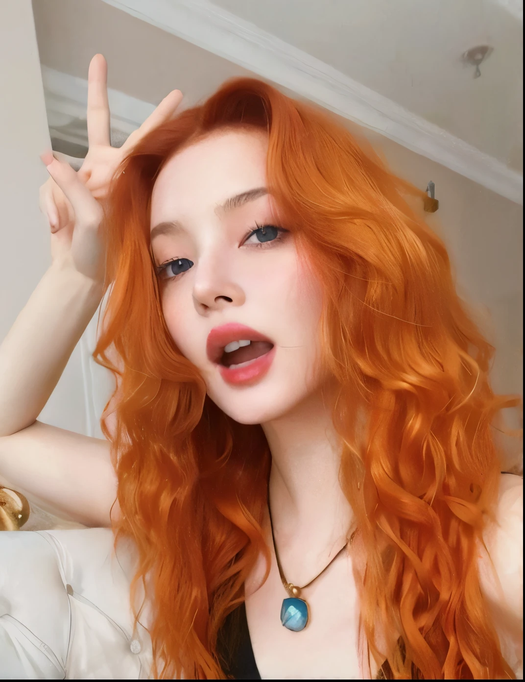 Un primer plano de una mujer pelirroja y un collar, Amouranth, better known as amouranth, joven hermosa Amouranth, piel naranja y cabello largo y ardiente, Cabello largo y ondulado de color naranja, Ella tiene el pelo largo redorange, piel blanca muy, very very pale, Pelo largo de color naranja, piel blanca muy, very pale, cabello naranja
