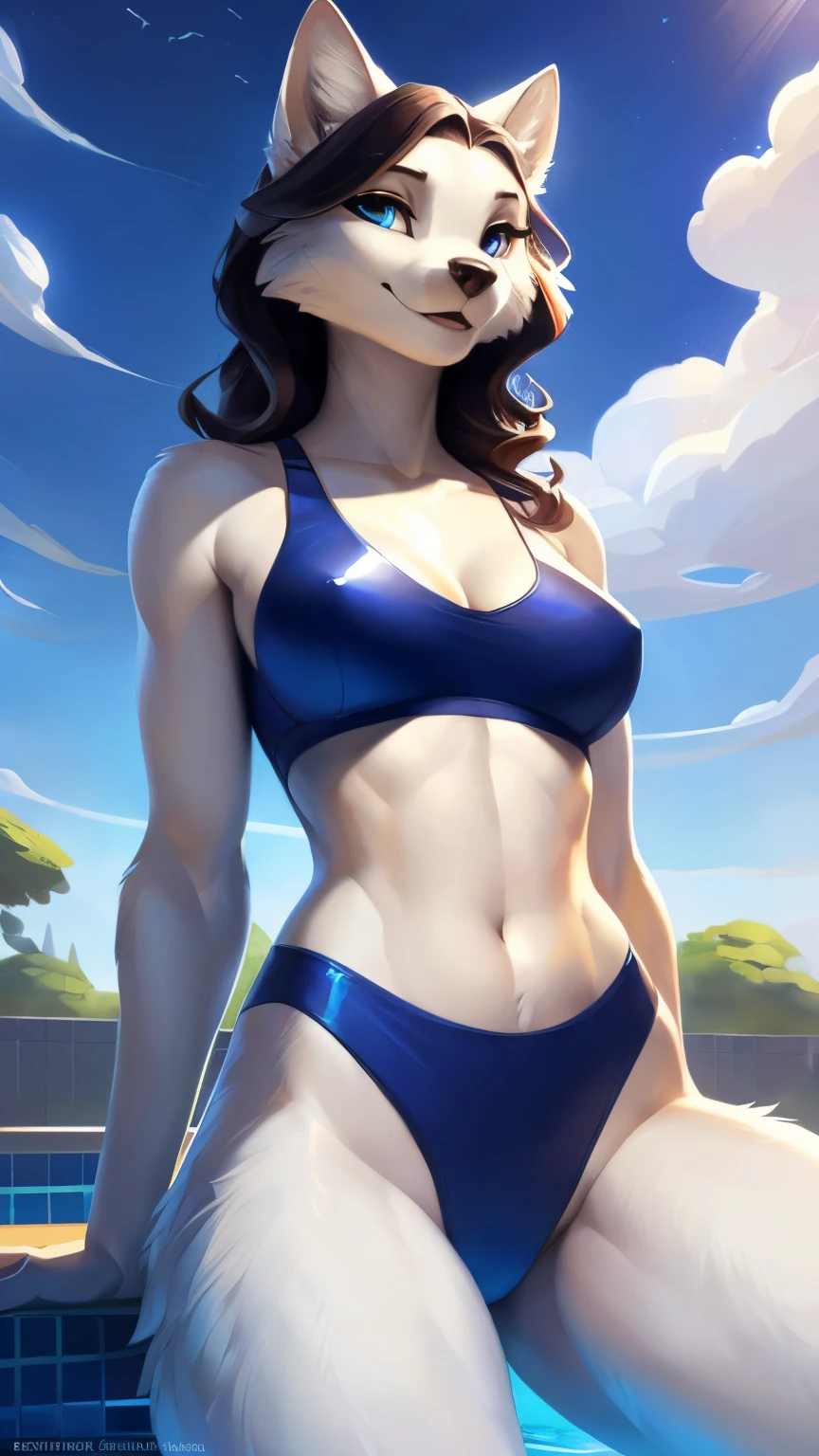 uploaded on e621, by Pixelsketcher, by Bayard Wu, by Thomas Benjamin Kennington , by Einshelm, solo anthro, legspread, (( Portrait)), BREAK, ((wearing swim suit)), (swim suit), ((mouth open)), (detailed Bonifasko lighting), natural goddess, (Detailed fur), (detailed skin), BREAK, (hands on the waist), ((facing viewer with legs spread)), (Cinematic lighting), ((Detailed background)), (half body shadow), [Backlighting], [crepuscular ray], [Detailed ambient light], [gray natural lighting], [ambient light on the belly], (higher wildlife feral detail), [explict content], [sharp-focus], (Questionable content), (shaded), ((Masterpiece), hands on the waist, long wavy hair, big hips, Average Breasts, pectorals, Fluffy arctic fox, Wavethesallow Face, furry fantasy art, anthro art, commission for high res, Furry art, pov furry art, Sakimichan is beautiful, Masterpiece, big hips, small Breasts, Best Quality, Detailed image, Bright colors, Detailed Face, perfect  lighting, Perfect shadows, Perfect eyes, focus on girl, flawless face, small breasts, gorgeous body, open legs, shiny body, legs focus, Ears last year, black wavy hair, arctic fox Girl, Fluffy, fluffy woman, Body fur, Animal nose, muzzle, two-toned fur, gaze at the viewer, half closed eyes, 1girl, full - body, (Masterpiece:1.21), (Best Quality:1.2), (illustartion:1.2), (Cinematic lighting:1.3), hands on the waist, Detailed fur, Balanced colouring, Global Illumination, Ray Tracing, good lighting, arctic fox, Furry, anthro,big butt, Showing breasts, wavy hair, cleavage, attractive body, , looking at viewer, seductive gaze, thick-thighs, fit body, (offering pose, open legs pose, exposed belly, leg spread, swim competition, at swimming pool