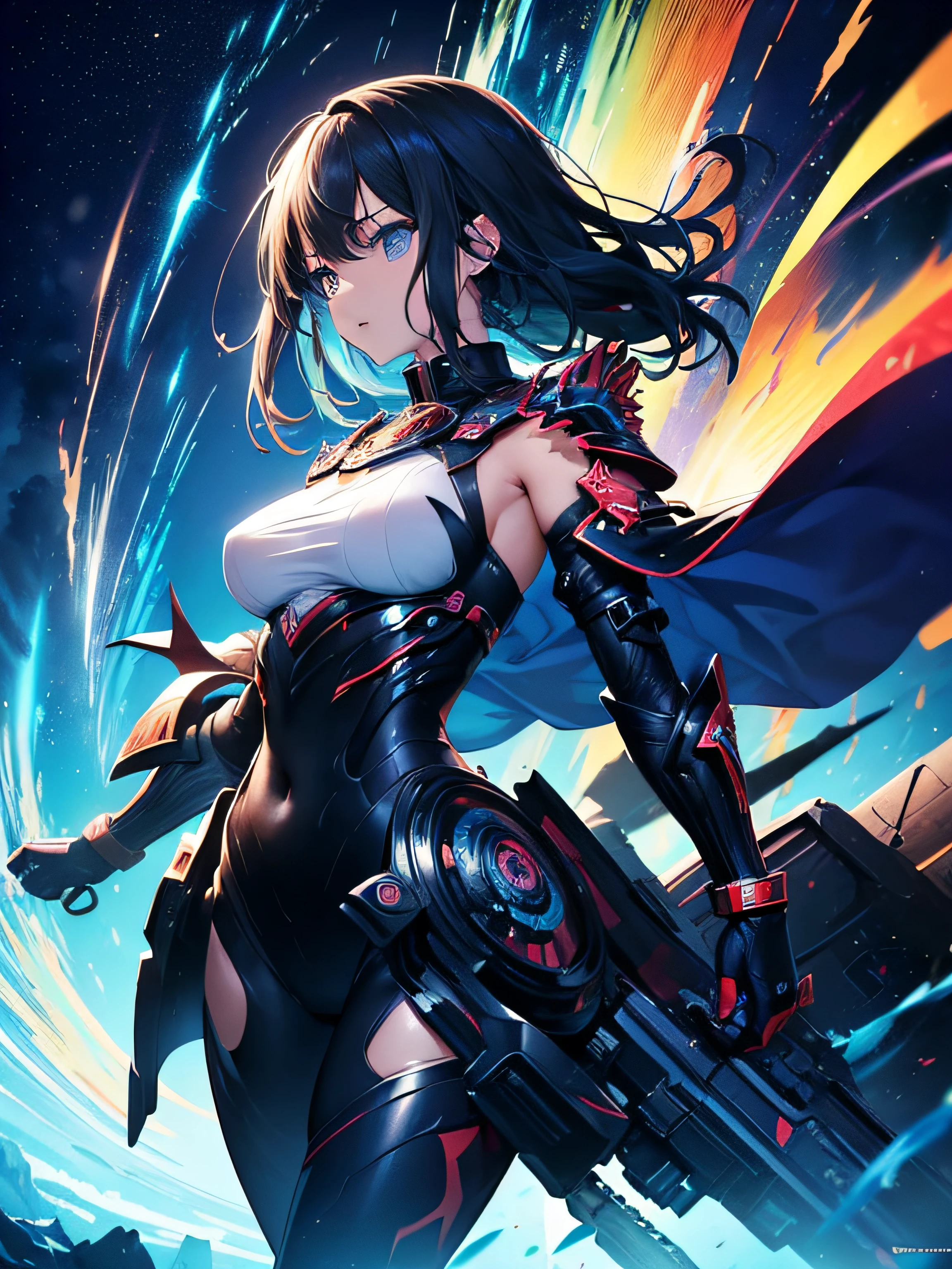 anime girl, wide shot, background ocean of clouds, CyberRonin, (Cyber-Samurai:1.2), girl, mecha, 8k, high resolution,