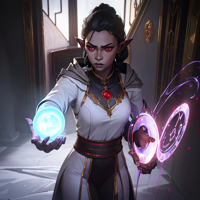 ((masterpiece)), ((best quality)), ((highres)), 1woman, solo, 25 years old, mage, hallway, (majestic robes, jewelry),(elven ears, grey skin, gray-skinned, arrogant expression), standing, medium hair, (blackhair, braided), (red glowing eyes),