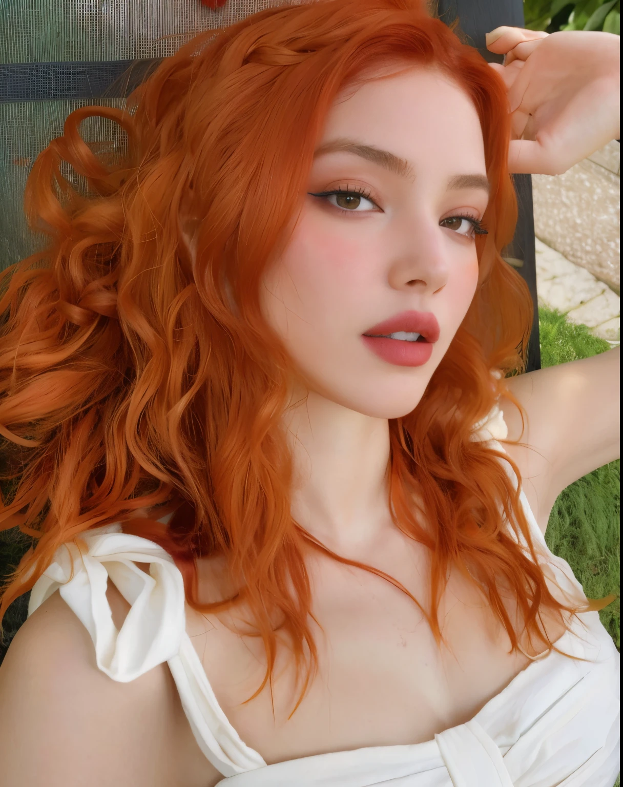 Mujer pelirroja con pelo largo sentada en una silla, Amouranth, better known as amouranth, with pale skin, cabello naranja, cabeza roja, piel naranja y cabello largo y ardiente, joven hermosa Amouranth, Chica pelirroja, Cabello ondulado de jengibre, Cabello largo y ondulado de color naranja, cabello naranja brillante, con cabello rojo rizado, Ella tiene el pelo largo redorange