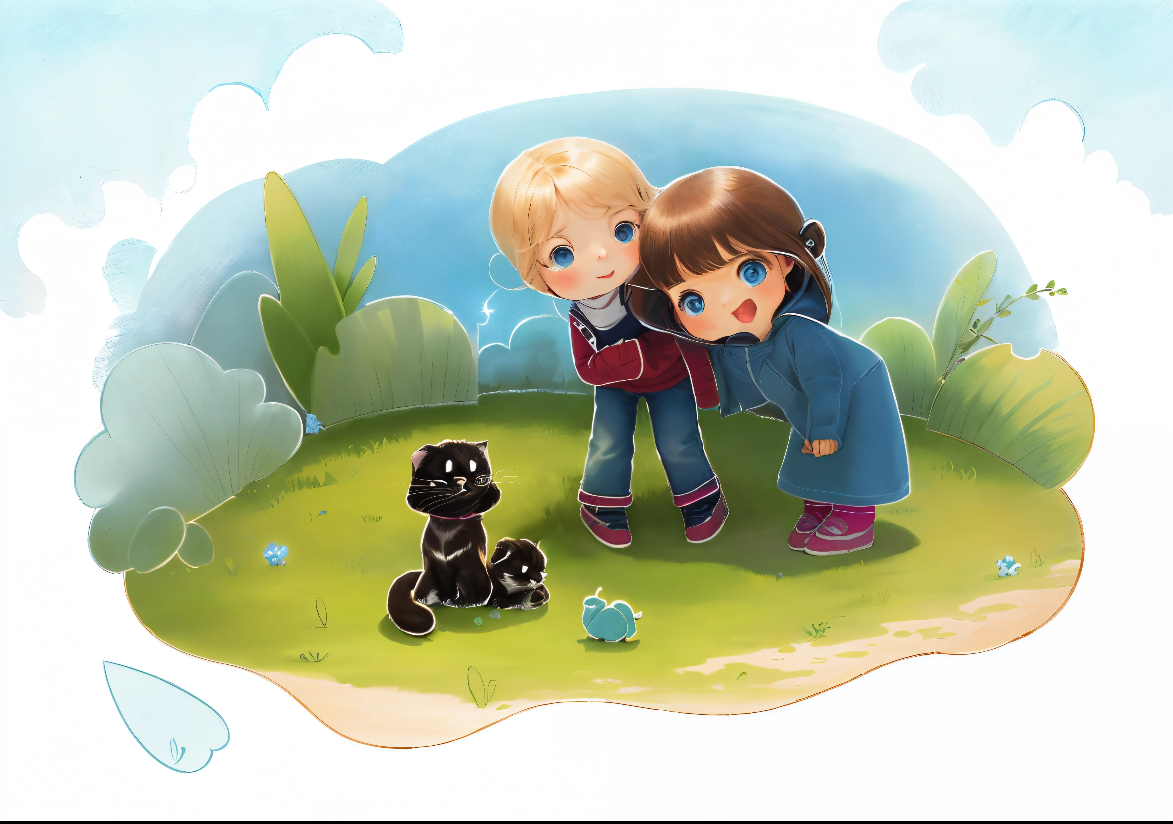 Children playing with cats and dogs,art coloring page, full page illustration, book illustrations, dream color,Exquisite,tmasterpiece,Meadows and blue skies