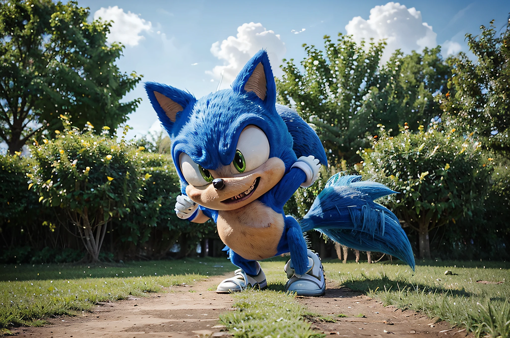 Imagine o Sonic, The Blue Hedgehog, in a setting full of life, despite his zombie transformation. Sonic maintains his iconic appearance, but with a touch of friendly zombification. His electric blue fur still shines, e seus olhos, although they exhibit a cadaverous appearance, still carry a recognizable shine.

Posicione Sonic em um ambiente vibrante, like a sunny meadow full of colorful flowers and shady trees. Borboletas emparelham ao seu redor, and the sky is clear and radiant. Despite the zombie transformation, Sonic emite uma aura positiva.

Challenge the AI to balance the duality between the zombie aesthetic and the animated setting, capturando Sonic&#39;sua peculiaridade, maintaining your signature energy in a lively environment, Ambiente exuberante.