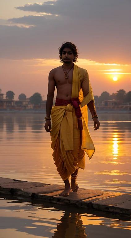 An Indian teen(25-years) gracefully draped in a traditional dhoti, walking along the serene banks of the Ganges River during sunrise, the soft glow highlighting the traditional attire's folds and textures, with the river reflecting the warm colors of dawn, Photography, captured with a wide-angle lens for an immersive feel.