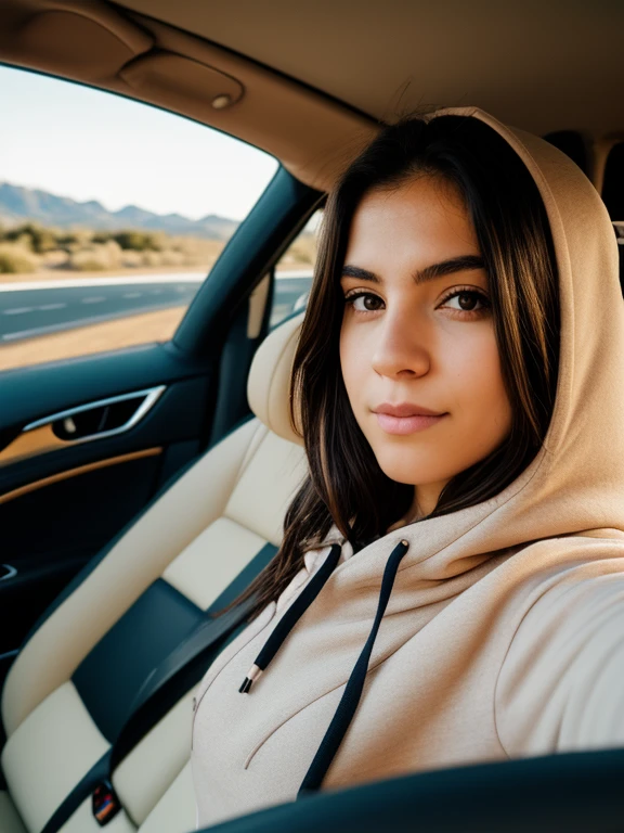 RAW photo, a 20-year-old-girl, upper body, selfie in a car, cream color hoodie, inside a car, Cara detallada, Fondos detallados de bajo desenfoque, Luces naturales, HDR, foto realista, foto profesional, Mirar al frente, look sexy, fotorrealista, Beautiful, 8k UHD, alta calidad, Film grain, Fujifilm XT3, epicRealism