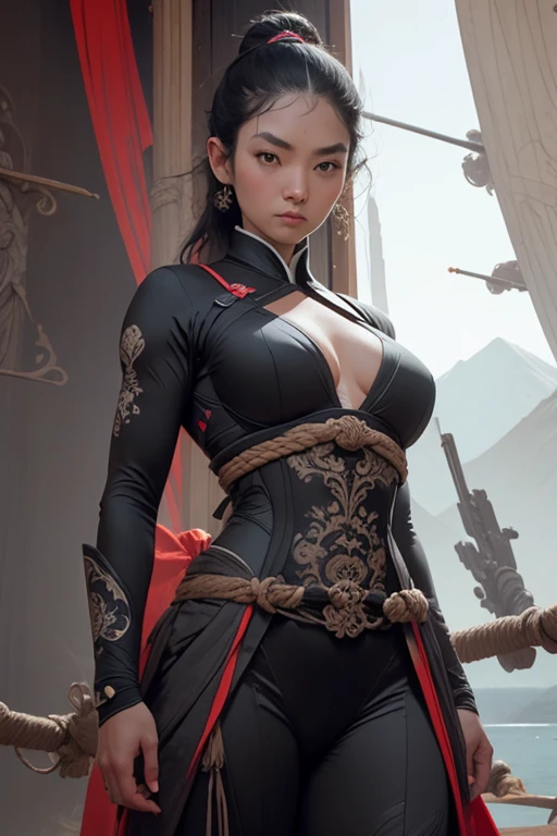 Mulher japonesa de seios grandes, frontal, Comprimento total, looking at the camera, facing the audience, standing pose, fundo do helicarrier, luz tridimensional, conceito detalhado de corpo inteiro, arte conceitual digital elegante, bela arte conceitual de corpo inteiro, art trend, CGsociety completo,