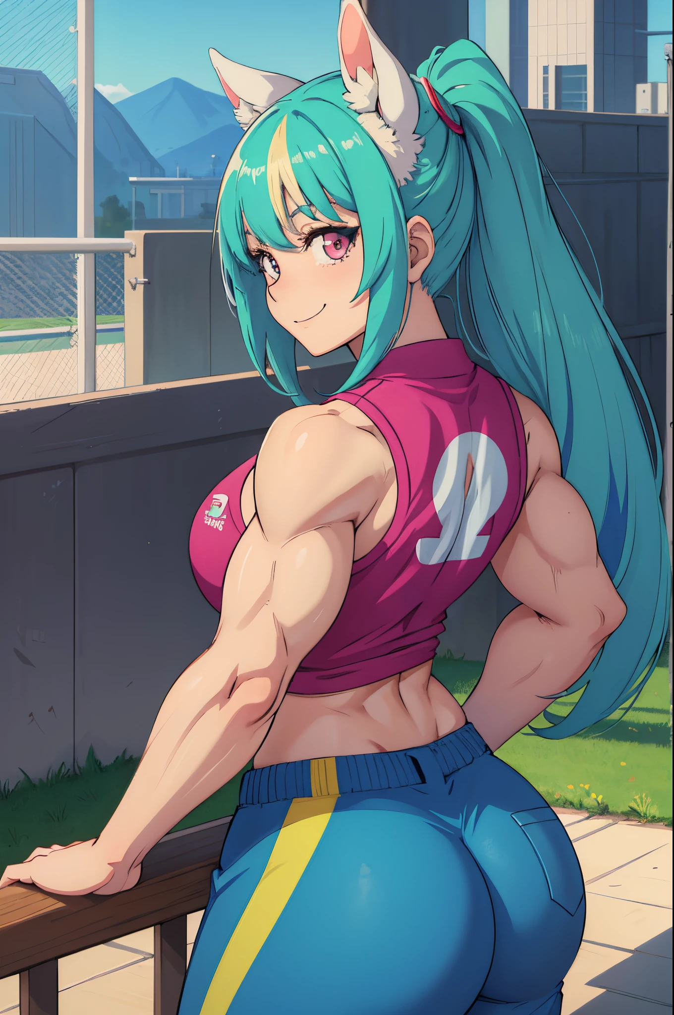 (Best Quality), (masterpiece), (High resolution), (Anime Heroine Illustration),,solo,girl with horse ears,smiling,back turned to the viewer,big muscle butt,Slacks,sporty clothing,soccer field,diamond,multicolored hair,multicolored eyes,muscular female,mature female