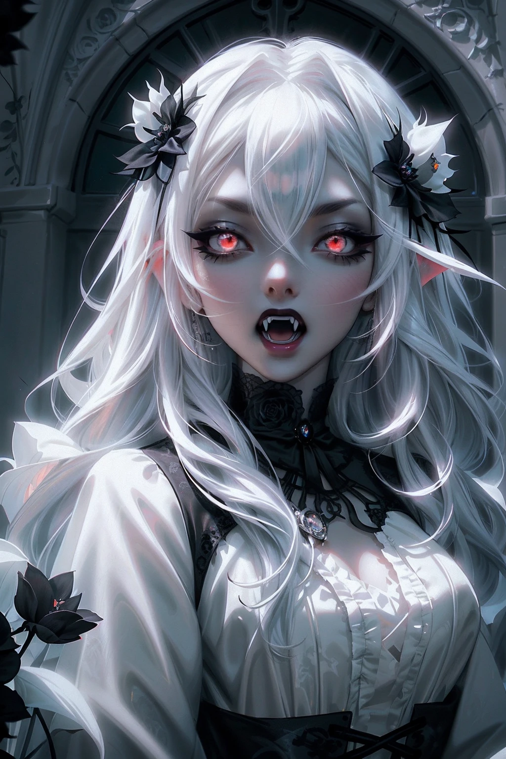anime Vampire Princess, long white hair, gothic style, roses in hair, dark black eyelashes, iris with white glow, fangs, light blue dress, digital illustration, comic style, gothic revival, perfect anatomy, centered, approaching perfection, dynamic, highly detailed, gothic castle detailed background, blood, art station, concept art, soft and sharp focus, illustration, art by wlop and ross tran, glow, (black flowers), with scary face. (whole body)