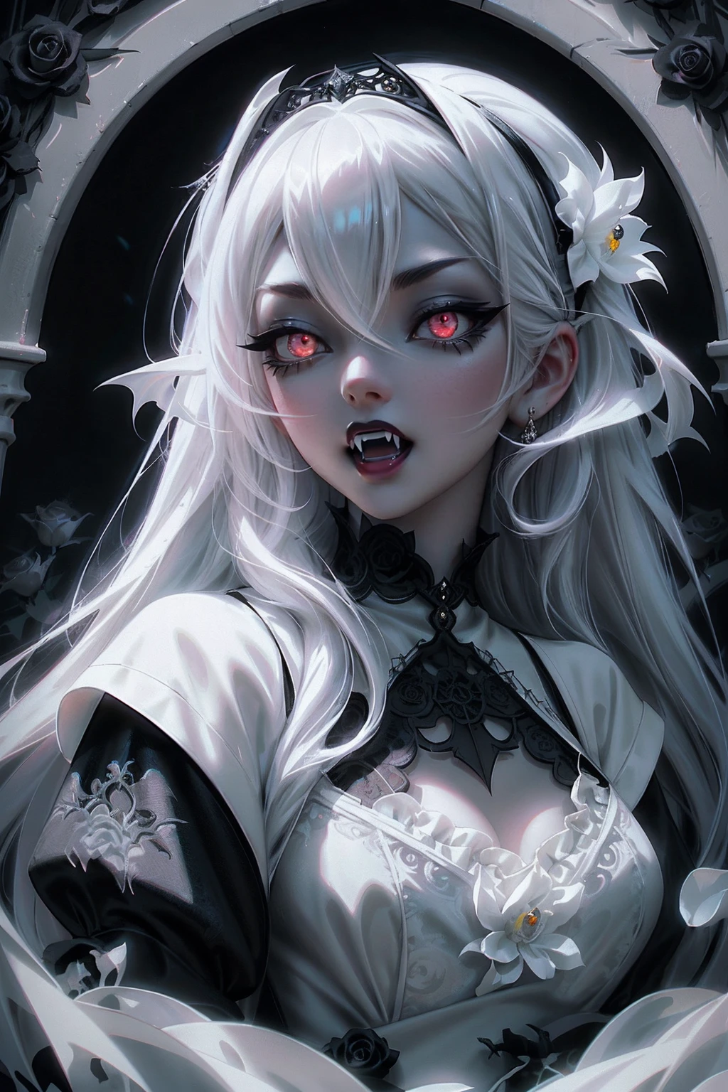 anime Vampire Princess, long white hair, gothic style, roses in hair, dark black eyelashes, iris with white glow, fangs, light blue dress, digital illustration, comic style, gothic revival, perfect anatomy, centered, approaching perfection, dynamic, highly detailed, gothic castle detailed background, blood, art station, concept art, soft and sharp focus, illustration, art by wlop and ross tran, glow, (black flowers), with scary face. (whole body)