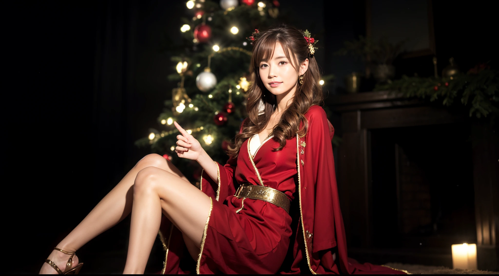 Anime girl in red and white costume standing in front of a Christmas tree, christmas night, 11 o'clock, wearing festive clothing, Wearing a red fur cloak, with a tall tree, Happy!!!, with a tree in the background, red robes, full body shot close up, Wearing a red magician's robe, elfin beauty, wearing gilded red robes