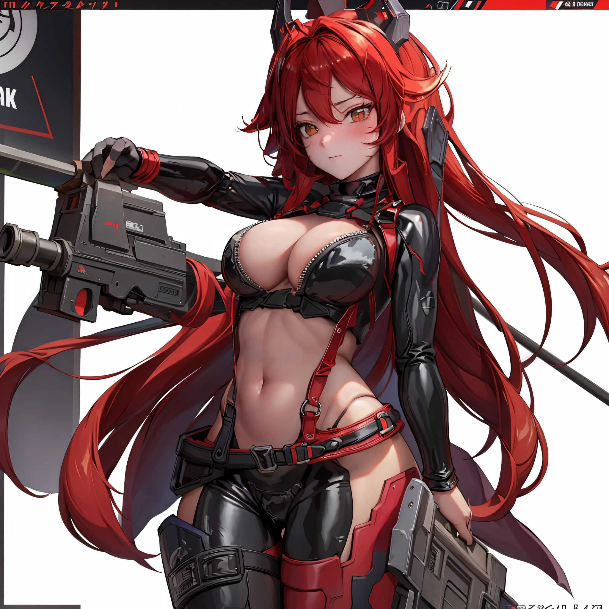 A lone mature girl, Leg long Burning Red hair, , Brown eyes, cat eyes, Beautiful face, masterpiece, best quality, expressive eyes, perfect face, forehead protector, long Black Twin Horn Head Gear, Big Anti-Tank Sniper Rifle, Exposed Navel, Black rubber skin tight suit, full leg black stocking, exposed chest , sci-fi city , High detail mature face, combat suit, high res, ultra sharp, She stands confidently in the center of the poster, Shooting pose, explosion effect, a determined expression on her face。The background is dark and gritty,There is a sense of danger and a strong feeling。The text is bold and eye-catching,With catchy slogans,Adds to the overall drama and excitement。The color palette is dominated by dark colors,Dotted with bright colorake the poster dynamic and visually strikinagazines:1.3), (Cover-style:1.3), Fashion, vibrant, Outfit, posing on a, Front, rich colorful,Background with,element in,self-assured,Expressing the,halter,statement,Attachment,A majestic,coil,Runt,Touching pubic area,Scenes,text,Cover of a,boldness,attention-grabbing,titleashion,typeface,,Best quality at best,Hyper-detailing,8K ,hyper HD