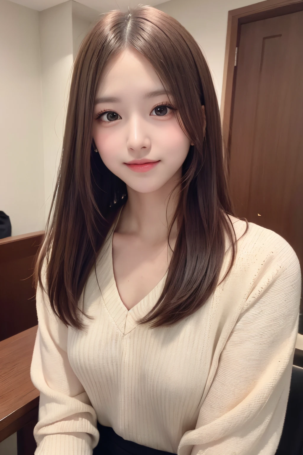 masterpiece, The highest image quality, hightquality, beautiful a girl, japanes, Japan schoolgirl, Popular Korean Makeup,Sweater that kills virgins、 detaileds, Swollen eyes, A detailed eye, Detailed skin, Beautiful skins, 超A high resolution, (现实:1.4), very extremely beautiful, Slightly younger face, Beautiful skins, slender, (A hyper-realistic), (hight resolution), (8K), (beautifully detailed eyes), (ultra-detailliert), (wall-), (详细的脸), looking at the viewers, finely detail、A detailed face、pureerosfaceace_v1、A smile、Looking straight ahead、Looks straight from the waist up、photos realistic、Bright lighting、length hair、Winter City