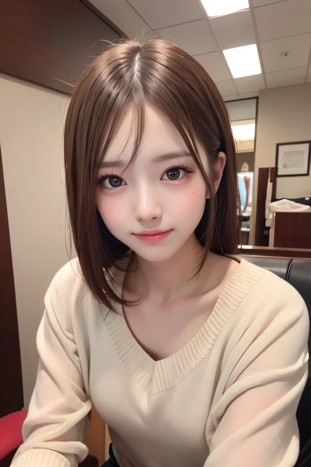 ​masterpiece, The highest image quality, hightquality, beautiful a girl, japanes, Japan schoolgirl, Popular Korean Makeup,Sweater that kills virgins、 detaileds, Swollen eyes, A detailed eye, Detailed skin, Beautiful skins, 超A high resolution, (现实:1.4), very extremely beautiful, Slightly younger face, Beautiful skins, slender, (A hyper-realistic), (hight resolution), (8K), (beautifully detailed eyes), (ultra-detailliert), (wall-), (详细的脸), looking at the viewers, finely detail、A detailed face、pureerosfaceace_v1、A smile、Looking straight ahead、Looks straight from the waist up、photos realistic、Bright lighting、length hair、Winter City