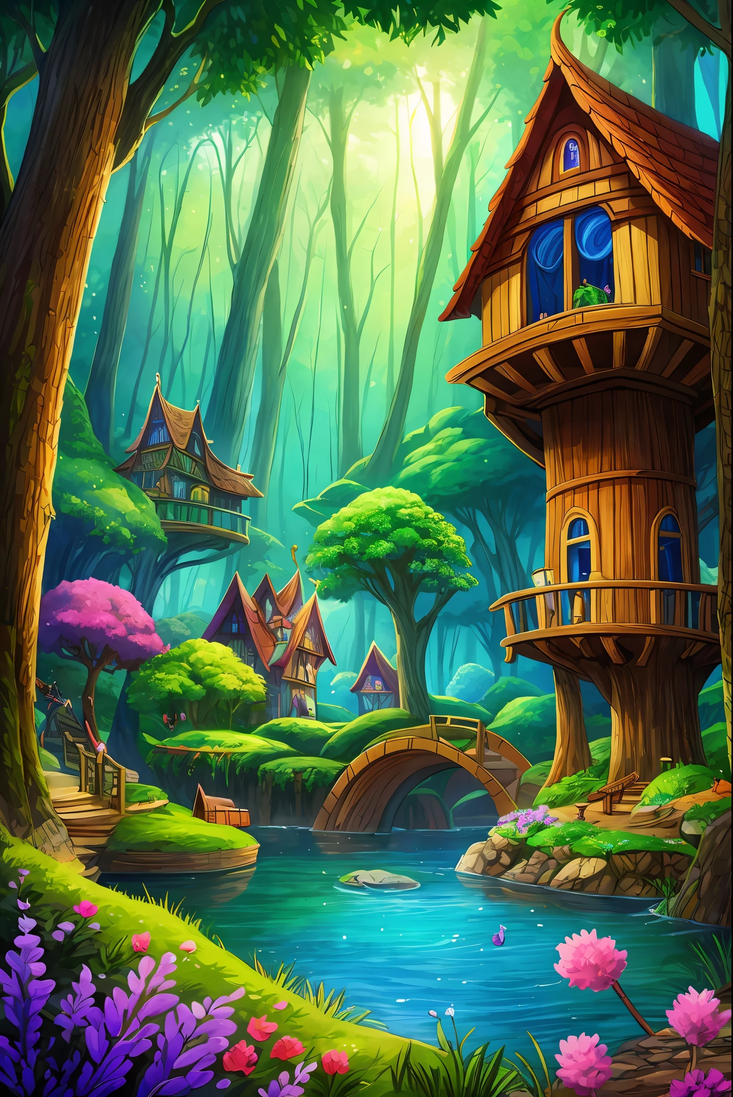 Colorful woods,Cartoon illustration of fantasy forest with tree house and stream, colorful concept art, made of tree and fantasy valley, arte de fundo, fairy kingdom forest, Stylized concept art, enchanted magical fantasy forest, magical fantasy 2 d concept art, fairy tale style background, a bustling magical town, whimsical fantasy landscape art, elf forest background, medeival fantasy town