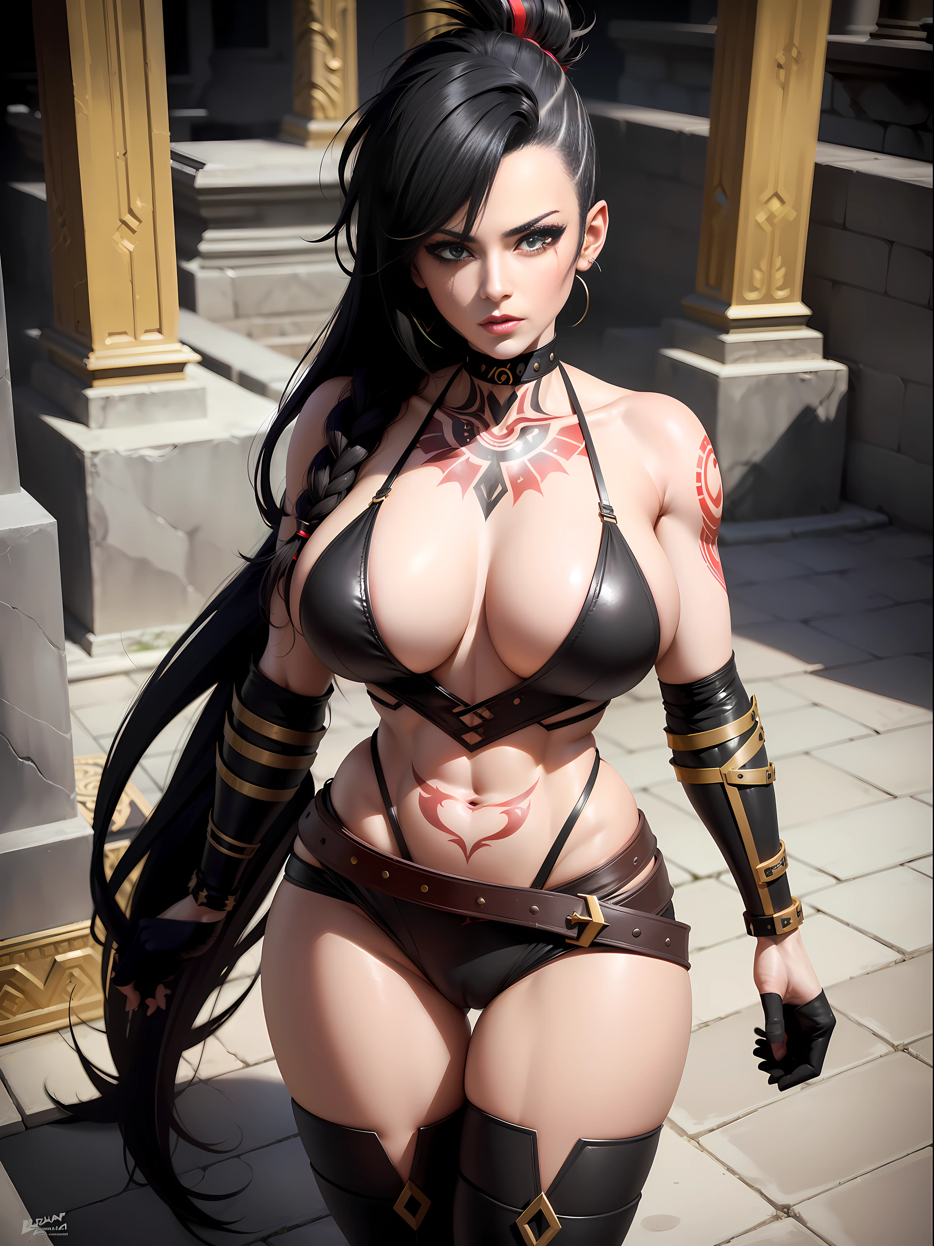 ((Full body photo)) ((Laura/woman, big breasts, {black+part gold+red parts/Spartan warrior costume/extremely short and tight on body}, {very white and pale skin}, lots of tattoos on body and face)), looking at the viewer with angry eyes, smile. Background macabre marble temple with cemetery attached and blood stains on the walls. ((She has {black mohawk hair}, {green eyes}, Spartan weapons)). God of War, high detail, anime, 16k, UHD, retina, retina, ccurate, anatomically correct, textured skin, super detail, high quality, award winning