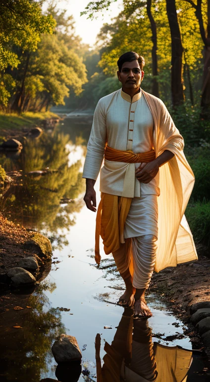 An Indian man(21 years) gracefully draped in a traditional dhoti, walking towards camera along the woods, the soft glow highlighting the traditional attire's folds and textures, with the river reflecting the warm colors of dawn on the side, closeup shot, Photography, captured with a wide-angle lens for an immersive feel.