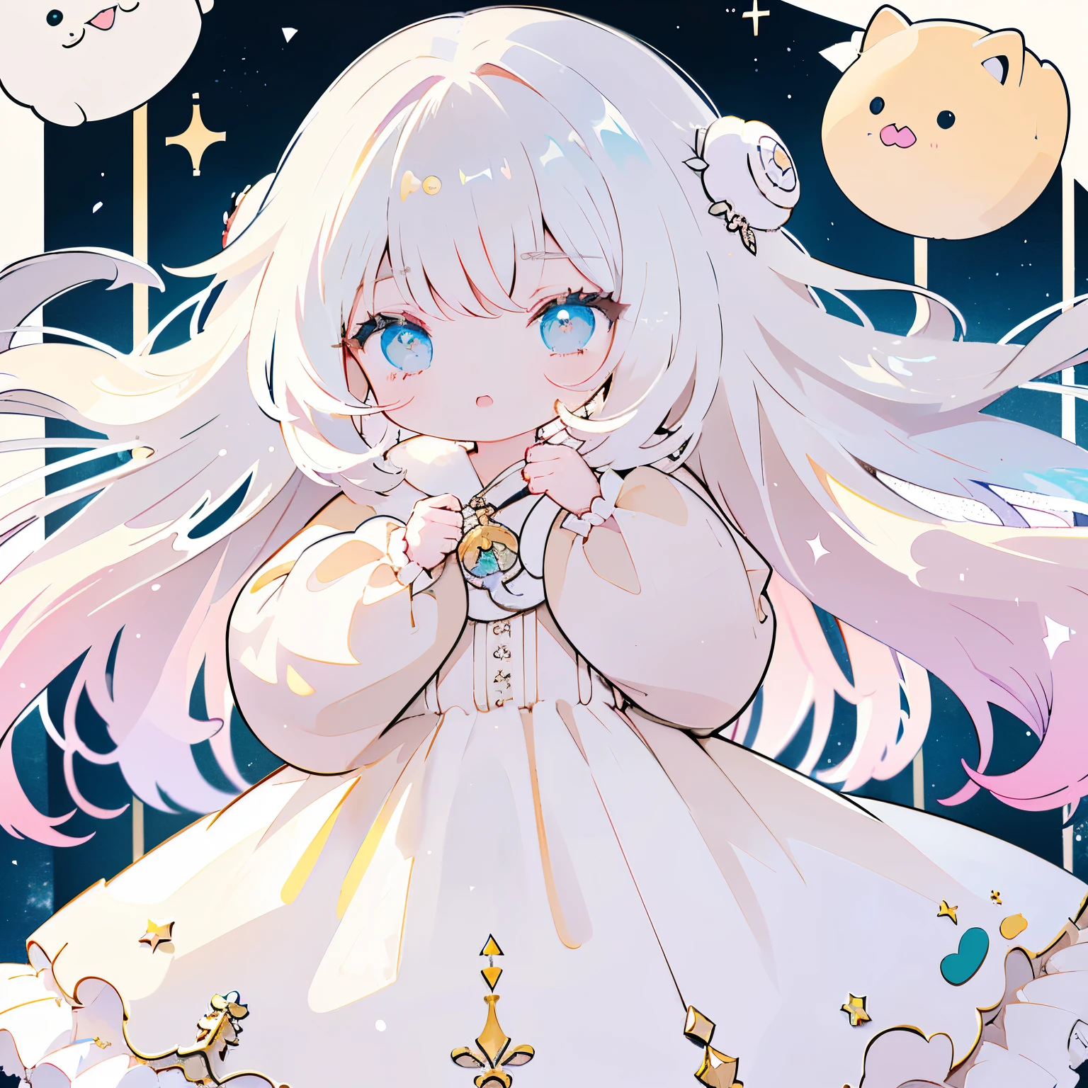 one girls、fluffy hair、Wavy Hair、Whaite Hair、whipped cream、fluffy dresses、tmasterpiece、Outstanding picture quality、topquality、Cute turtle、Calm、Scented dresses、cream-colored、