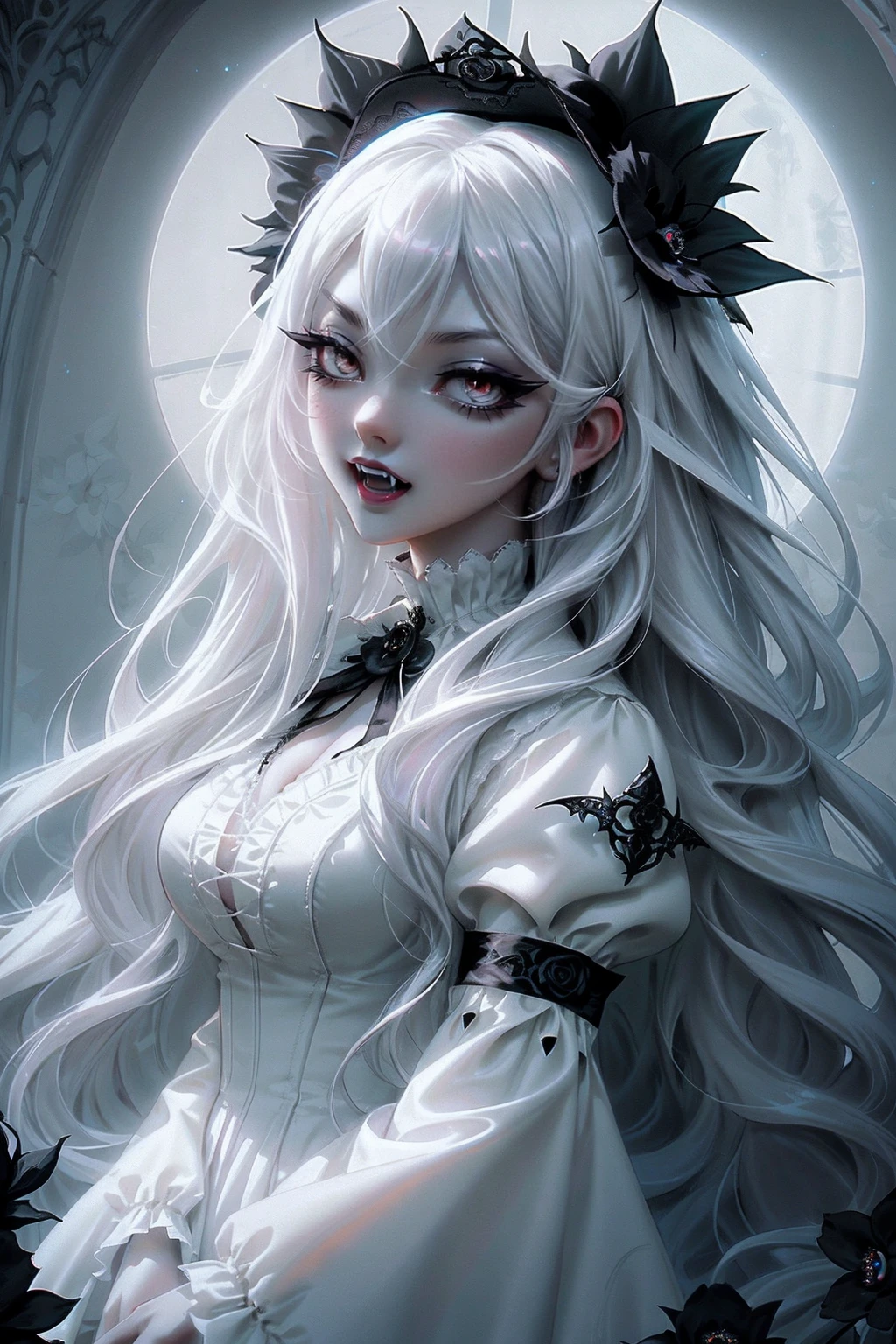 anime Vampire Princess, long white hair, gothic style, roses in hair, dark black eyelashes, iris with white glow, fangs, light blue dress, digital illustration, comic style, gothic revival, perfect anatomy, centered, approaching perfection, dynamic, highly detailed, gothic castle detailed background, blood, art station, concept art, soft and sharp focus, illustration, art by wlop and ross tran, glow, (black flowers), with scary face. (whole body)