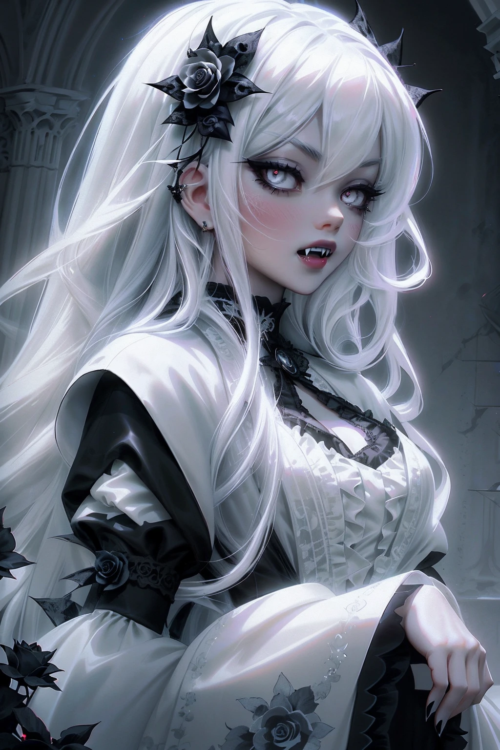 anime Vampire Princess, long white hair, gothic style, roses in hair, dark black eyelashes, iris with white glow, fangs, light blue dress, digital illustration, comic style, gothic revival, perfect anatomy, centered, approaching perfection, dynamic, highly detailed, gothic castle detailed background, blood, art station, concept art, soft and sharp focus, illustration, art by wlop and ross tran, glow,  (black flowers), with scary face. (whole body)