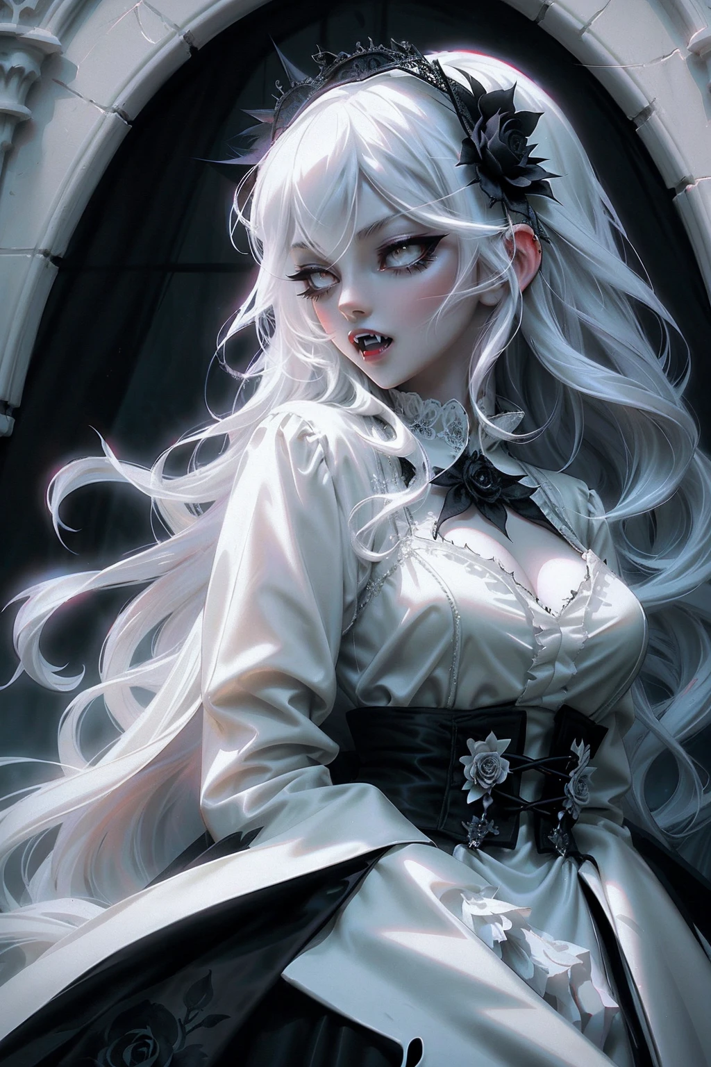 anime Vampire Princess, long white hair, gothic style, roses in hair, dark black eyelashes, iris with white glow, fangs, light blue dress, digital illustration, comic style, gothic revival, perfect anatomy, centered, approaching perfection, dynamic, highly detailed, gothic castle detailed background, blood, art station, concept art, soft and sharp focus, illustration, art by wlop and ross tran, glow,  (black flowers), with scary face. (whole body)