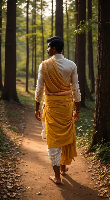 An Indian man(21 years) gracefully draped in a traditional dhoti, walking towards camera along the woods, the soft glow highlighting the traditional attire's folds and textures, warm colors of dawn, closeup shot, Photography, captured with a wide-angle lens for an immersive feel.