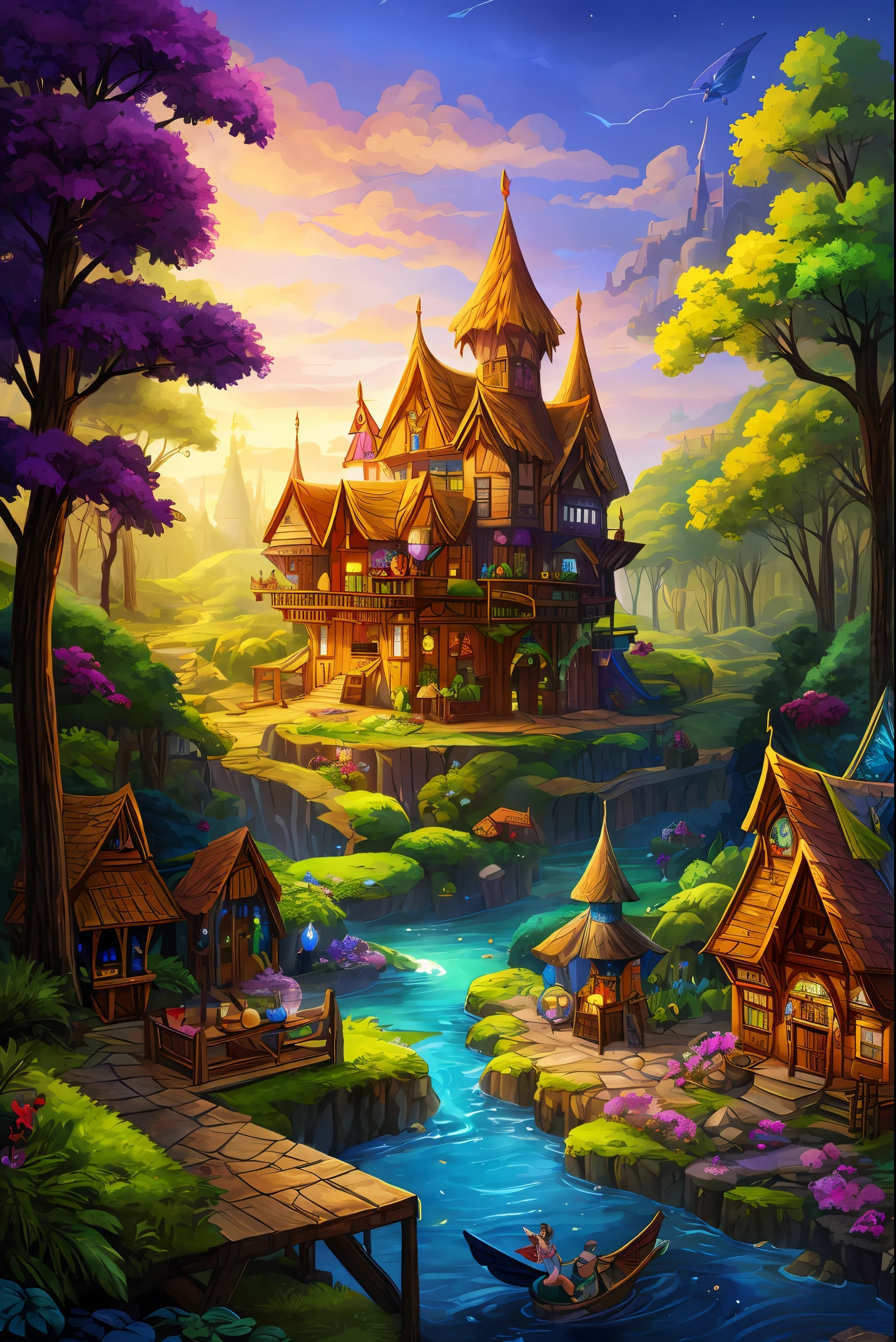Colorful woods，Cartoon illustration of fantasy forest with tree house and stream, colorful concept art, made of tree and fantasy valley, arte de fundo, fairy kingdom forest, Stylized concept art, enchanted magical fantasy forest, magical fantasy 2 d concept art, fairy tale style background, a bustling magical town, whimsical fantasy landscape art, elf forest background, medeival fantasy town