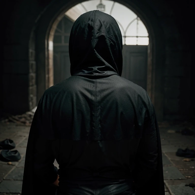 Uma imagem de um homem todo escuro e com uma capa, de costas e sombrio. The theme is dark, the cover is black and his back is turned. He has a hood and a cape