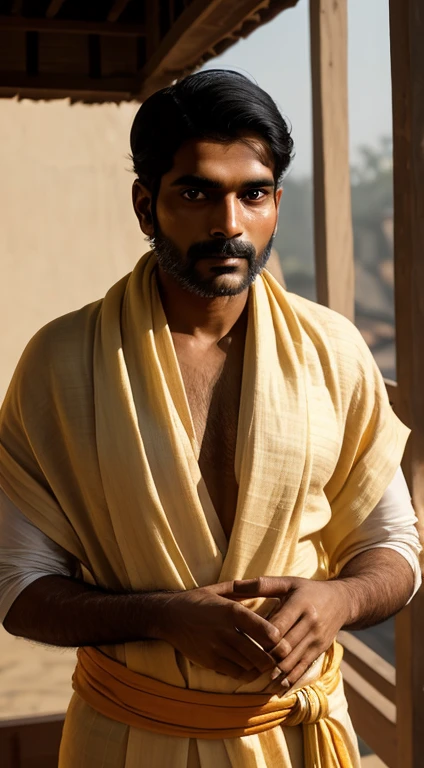 An Indian man(21 years) gracefully draped in a traditional dhoti, the soft glow highlighting the traditional attire's folds and textures, warm colors of dawn on the side, closeup shot, Photography, captured with a wide-angle lens for an immersive feel.