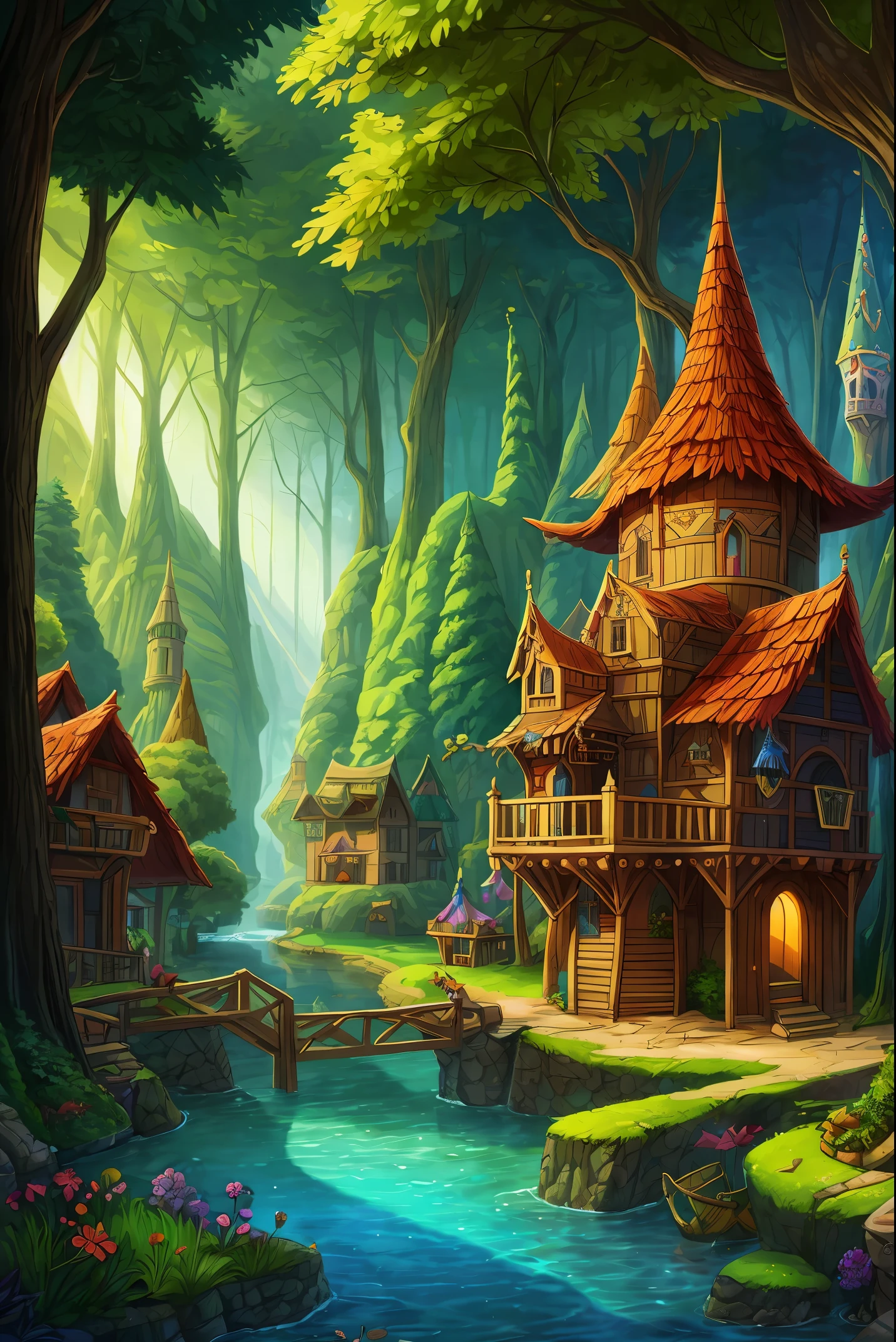 Colorful woods，Cartoon illustration of fantasy forest with tree house and stream, colorful concept art, made of tree and fantasy valley, arte de fundo, fairy kingdom forest, Stylized concept art, enchanted magical fantasy forest, magical fantasy 2 d concept art, fairy tale style background, a bustling magical town, whimsical fantasy landscape art, elf forest background, medeival fantasy town