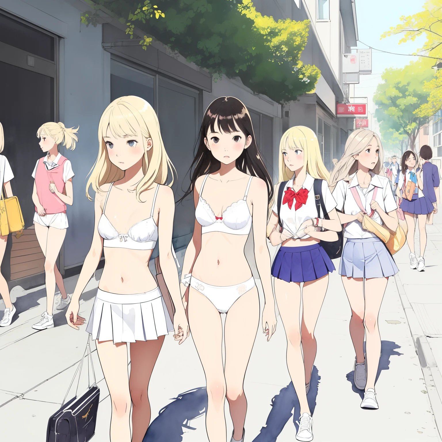 (superflat, flat shading, flat colors:1.1), a group of girls, young , girl, slim, small breast, blonde hair, white panties, white bra, school bag, shy, blush, wind, walk the city street, bright sunlight, best shadows, watercolor