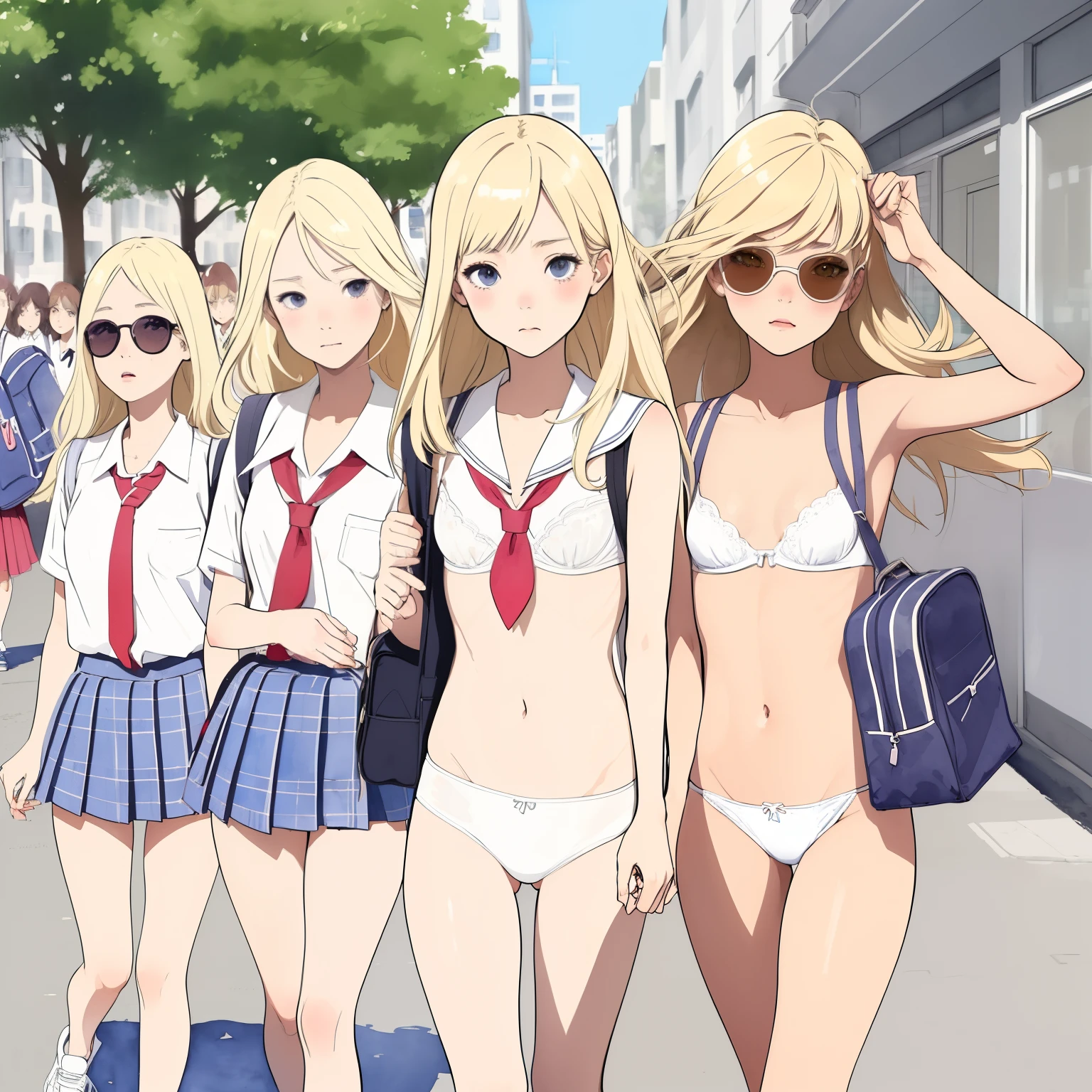 (superflat, flat shading, flat colors:1.1), a group of girls, young , schoolgirl, slim, small breast, blonde hair, white panties, white bra, school bag, shy, blush, wind, walk the city street, bright sunlight, best shadows, watercolor