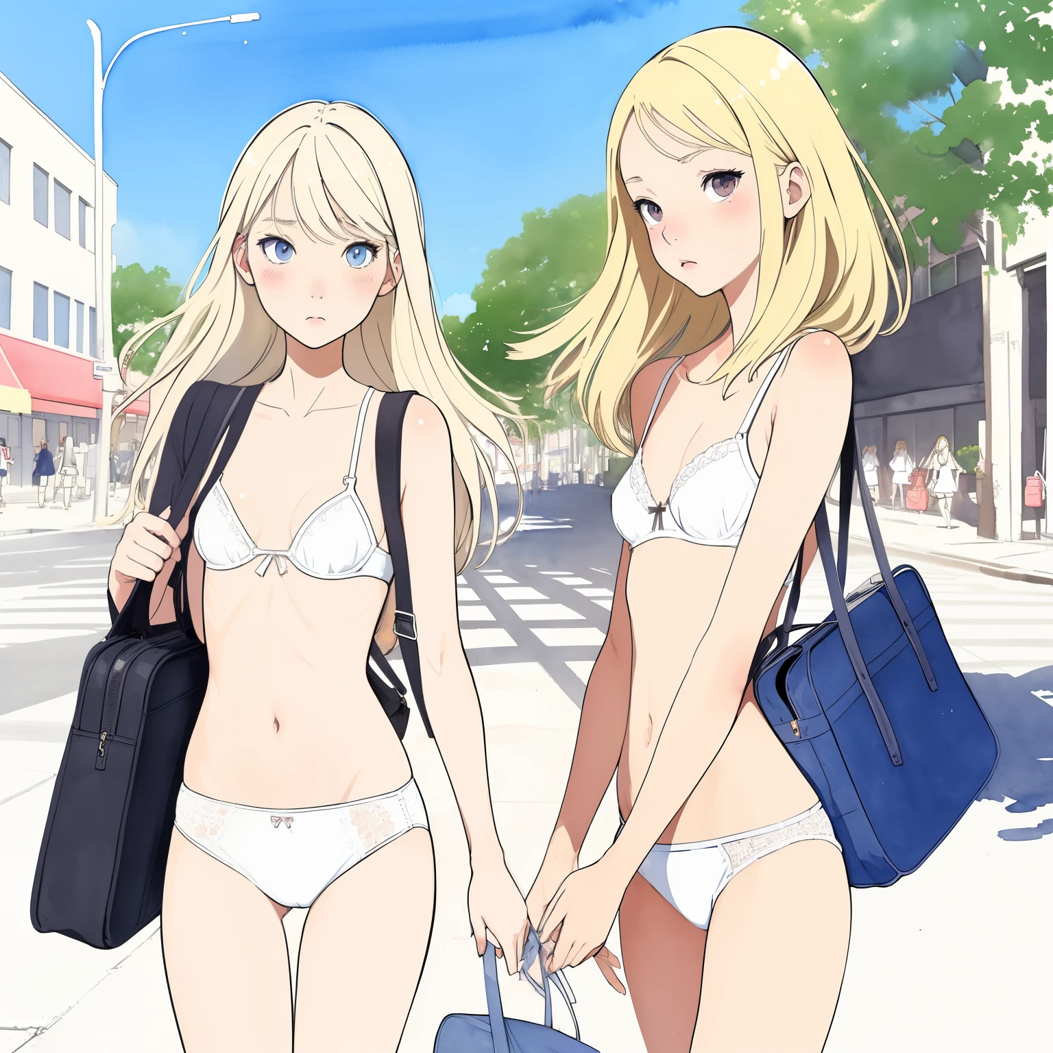 (superflat, flat shading, flat colors:1.1), a group of girls, young , schoolgirl, slim, small breast, blonde hair, white panties, white bra, school bag, shy, blush, wind, walk the city street, bright sunlight, best shadows, watercolor