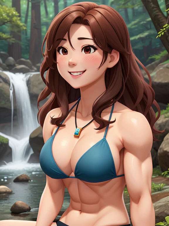 attractive korean woman, ripped muscle, muscular body, small breast, pale skin, smile(blush), bikini, thin necklace, sixpack abs, [ultra detailed skin:1.2], brown hair, wavy hair, 8k uhd, full body, crowd, public, forest, waterfall, sitting,