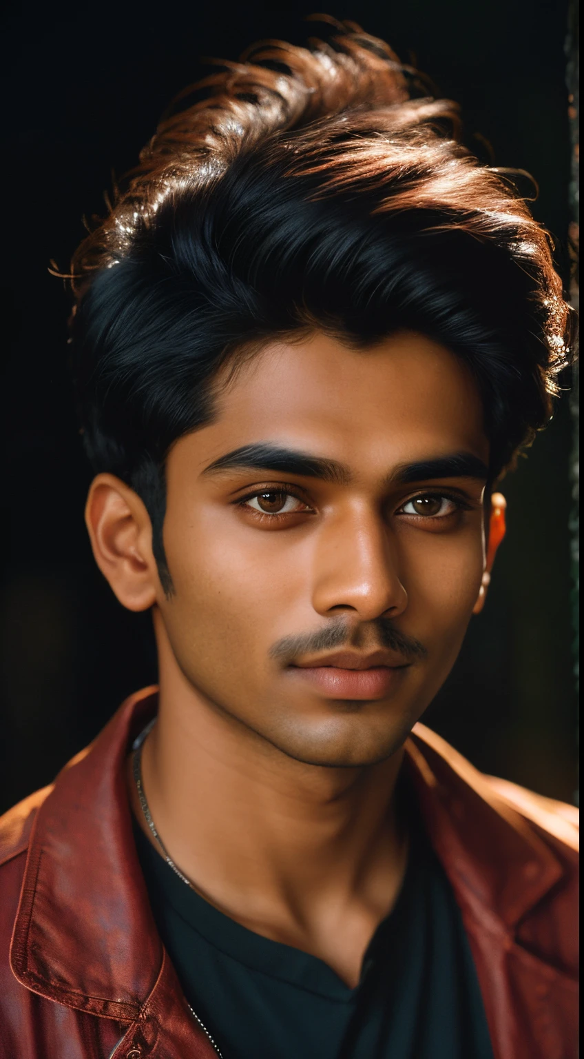(close-up, editorial photograph of a 21 year old Indian man), (highly detailed face:1.4) (smile:0.7) (background inside dark, moody, private study:1.OV, by lee jeffries, nikon d850, film stock photograph ,4 kodak portra 400 ,camera f1.6 lens ,rich colors ,hyper realistic ,lifelike texture, dramatic lighting , cinestill 800,
