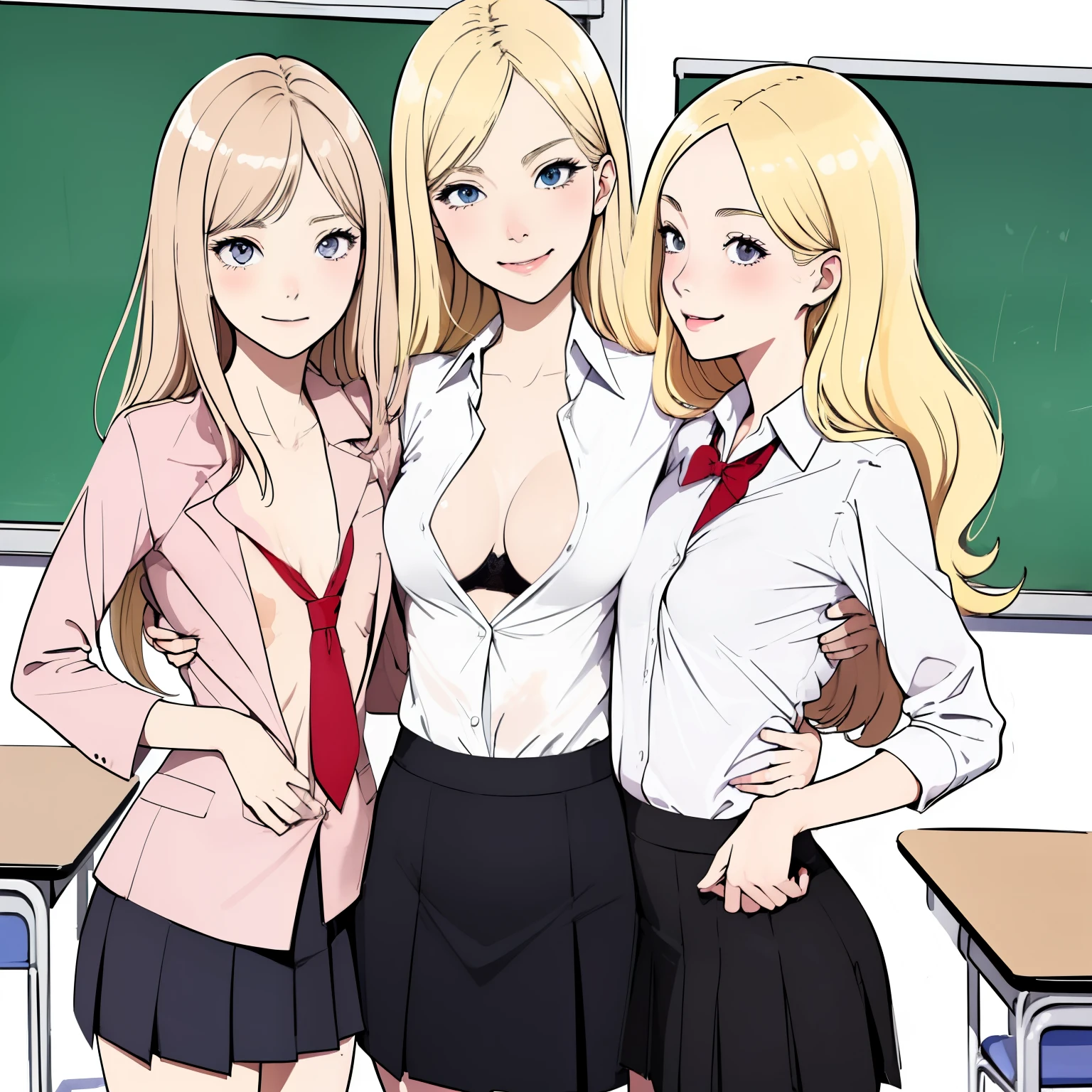 (superflat, flat shading, flat colors:1.1), (classroom), (2girls young  student and  teacher), slim, small breast, blonde hair, school uniform, teacher uniform, open shirt, white bra, (hugging from behind), (grab breast), shy, smile, blush, standing by blackboard, bright sunlight, best shadows, watercolor