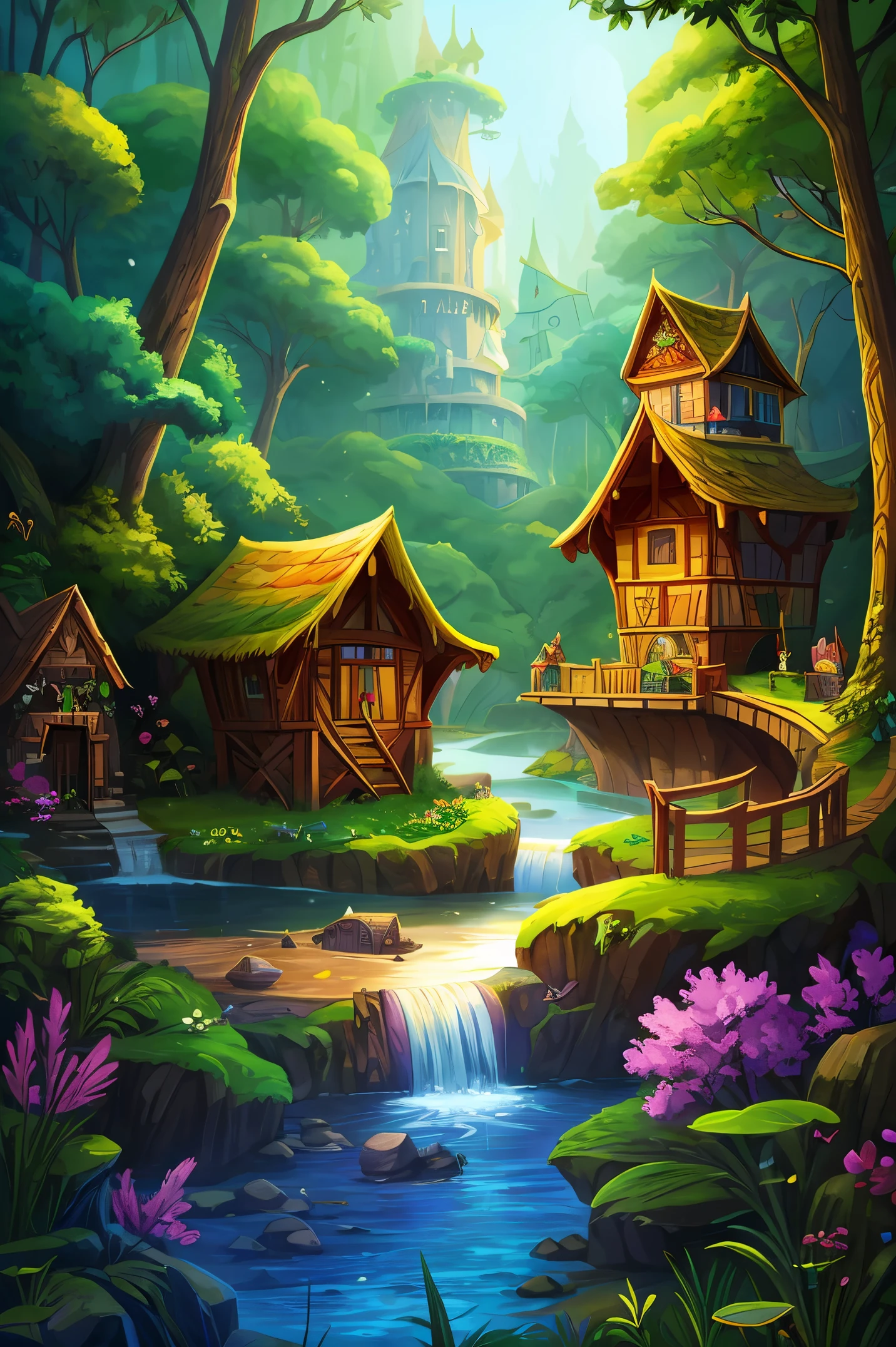 Colorful woods,Cartoon illustration of fantasy forest with tree house and stream, colorful concept art, made of tree and fantasy valley, arte de fundo, fairy kingdom forest, Stylized concept art, enchanted magical fantasy forest, magical fantasy 2 d concept art, fairy tale style background, a bustling magical town, whimsical fantasy landscape art, elf forest background, medeival fantasy town