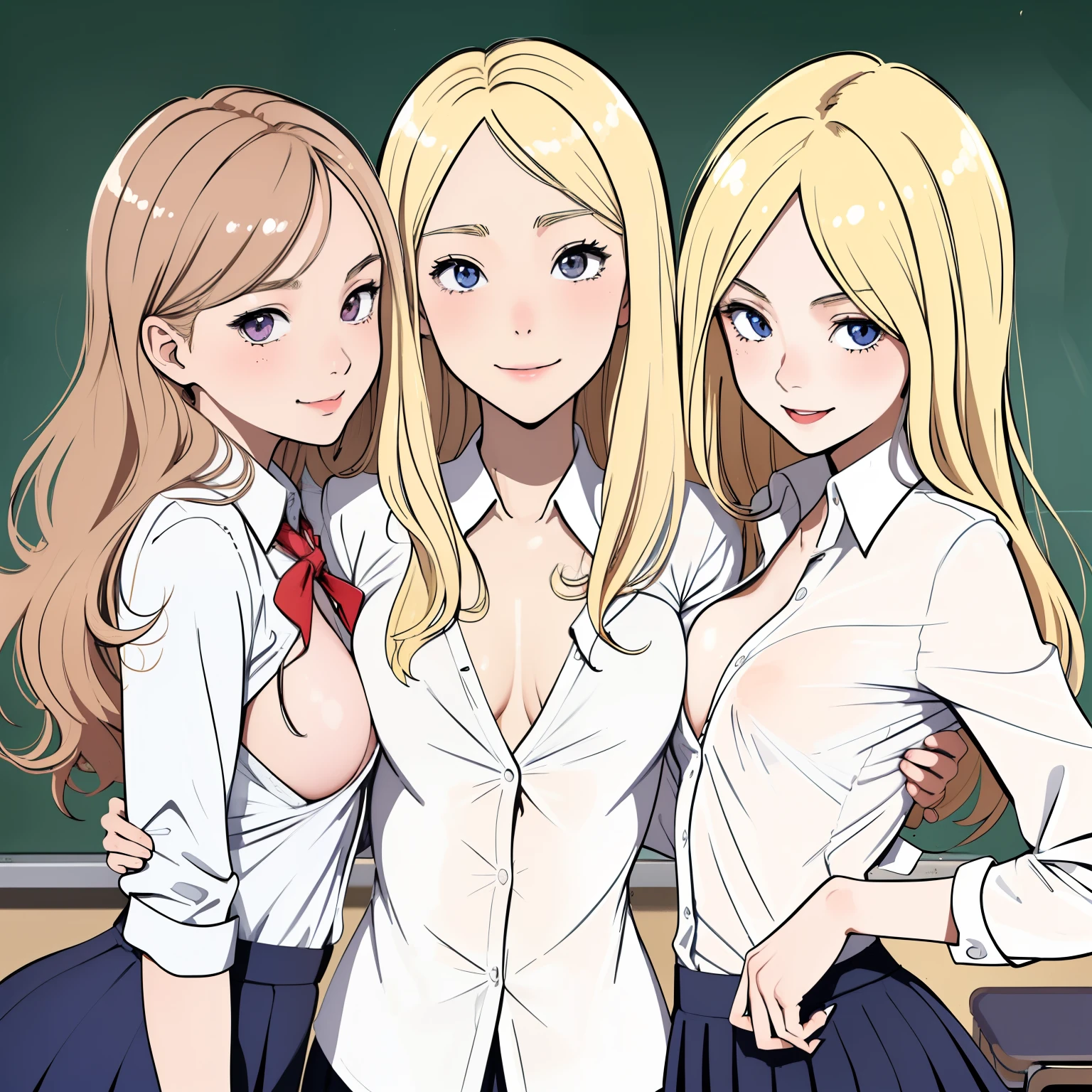 (superflat, flat shading, flat colors:1.1), (classroom), (2girls young student and teacher), slim, small breast, blonde hair, school uniform, teacher uniform, open shirt, white bra, (hugging from behind), (grab breast), shy, smile, blush, standing by blackboard, bright sunlight, best shadows, watercolor