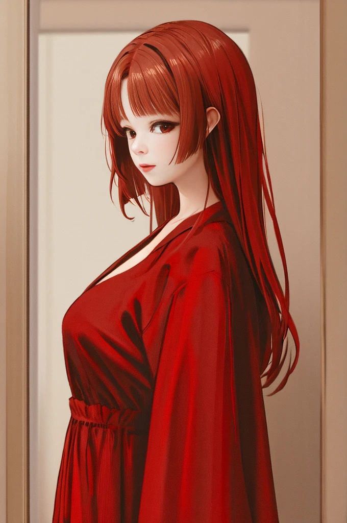 nsfw, masterpiece, best quality, ultra detailed, illustration, 1 girl, red hair, ponytail, small breast, red eyes, beautiful detailed eyes, delicate beautiful face, nude, indoors, chinese room, closed mouth, arms behind back, embarrassed, sweat, looking up at viewer