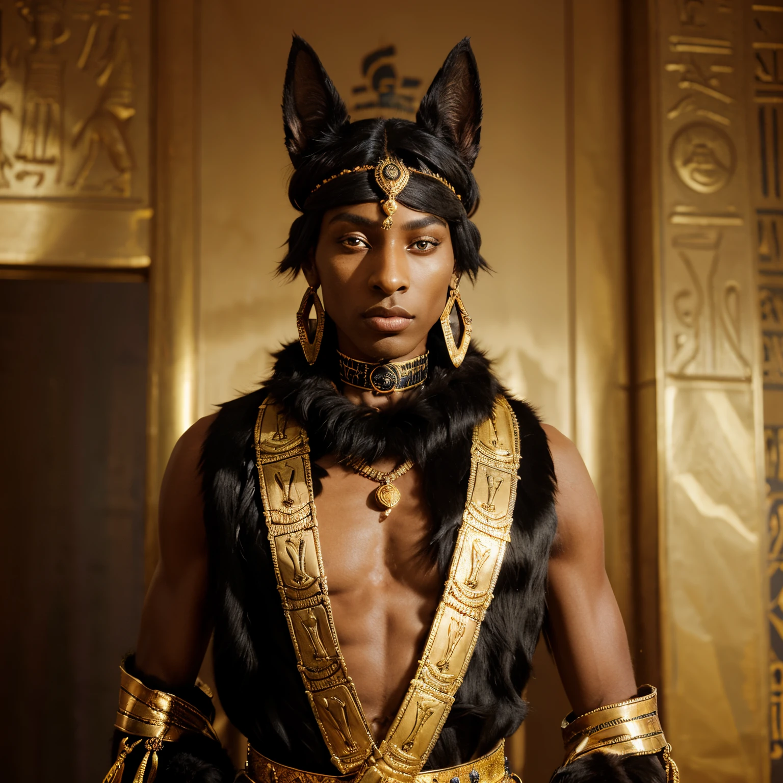 an anthro Black Pharaoh Hound furry. His sleek, glossy black fur complements his amber eyes. Adorned in royal attire – a blue and gold kilt, a hieroglyphic collar, and a vibrant red sash –  A nemes headdress with a golden ankh rests upon his head, while anklets and tail bands accent his limbs. Headshot prospective.
