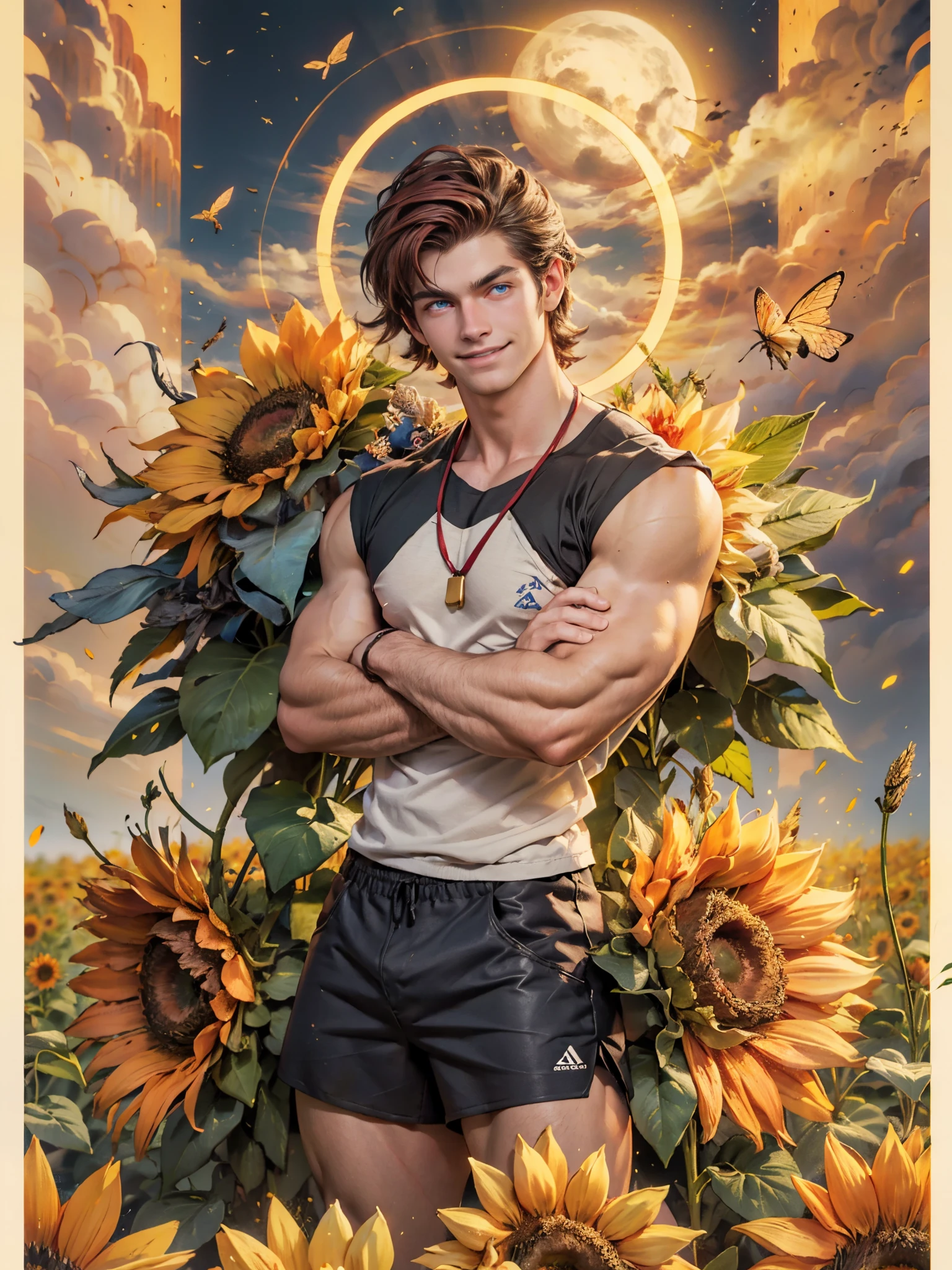 Sculpture design, Figure, (base). male people, caucasian, tall, (very muscular, bodybuilder), 20 years old, (with short red hair,, blue eyes), wearing shorts and sleeveless t-shirt, arms crossed, smiling, wheat field behind him, sunflowers, bees, Systemic vision，semi transparent，Computer graphic arts，A high resolution，32K，best qualtiy，hyper HD, dunhuang_background