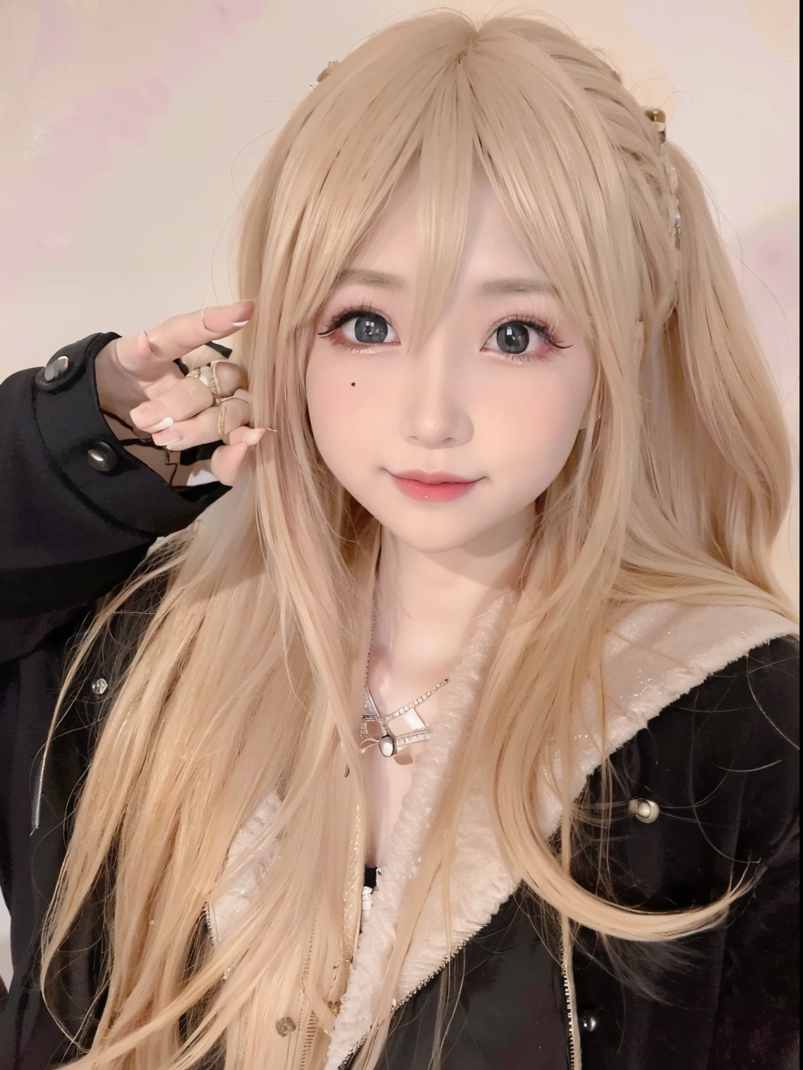 blond girl,Blue eyes and black collar, Anime girl cosplay, Anime girl in real life, Anime cosplay, Blonde anime girl with long hair, rena nounen style 3/4, cabellos largos dorados, as an anime character, Realistic young anime girl, cosplay, anime-inspired, Cute natural anime face, rpgmaker, shikamimi