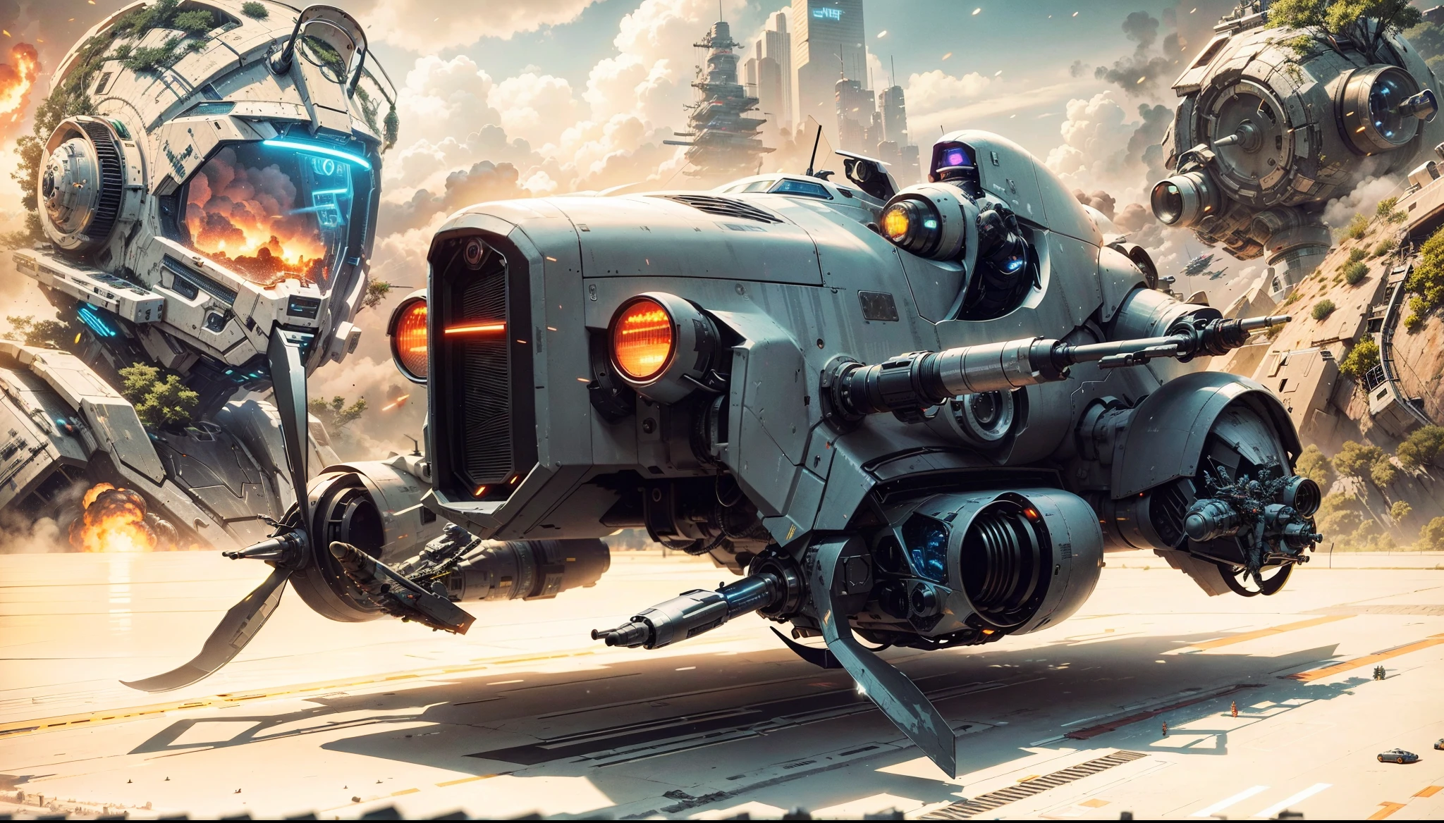 A cyberpunk armored vehicle with missiles and turbine in the foreground, a pilot and a cyberpunk robot with cyberpunk accessories and a future cyberpunk city in the background